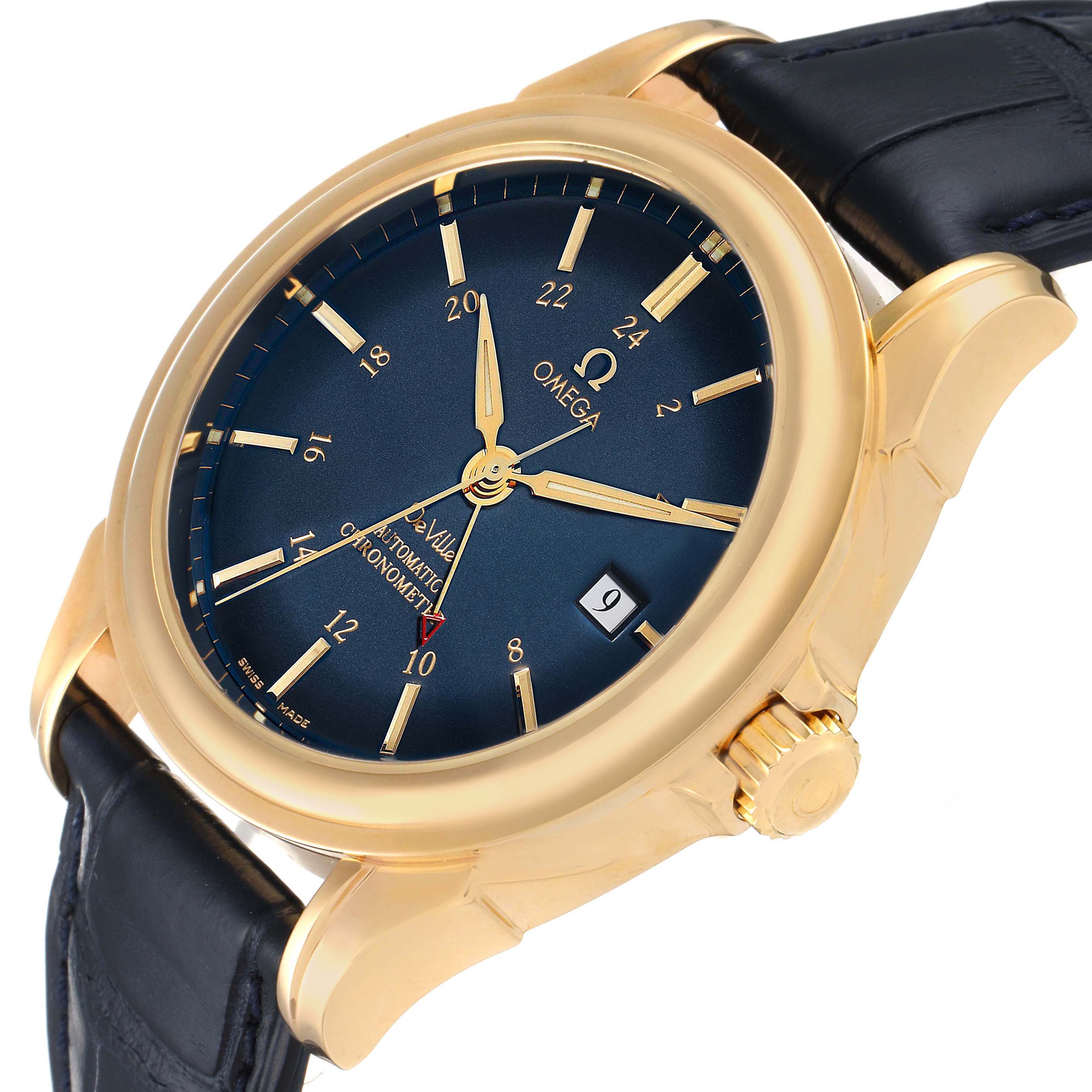 The image shows a close-up of the dial, case, crown, and strap of an Omega De Ville 4633.80.00 Men's Yellow Gold Blue Dial 4633.80.00 Men's Yellow Gold Blue Dial watch.