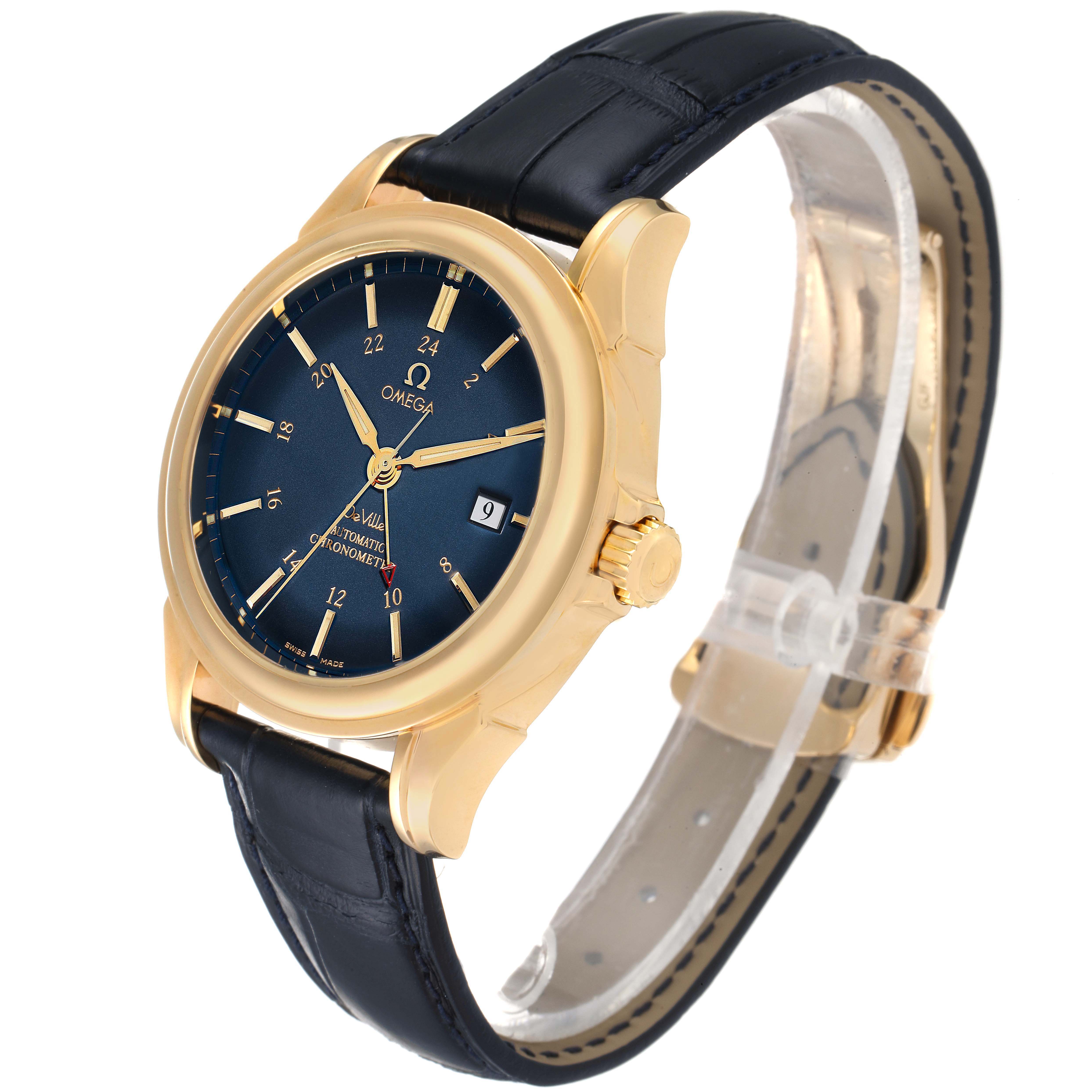 The image shows an Omega De Ville 4633.80.00 Men's Yellow Gold Blue Dial 4633.80.00 Men's Yellow Gold Blue Dial watch at a three-quarter angle, displaying the face, crown, and strap.