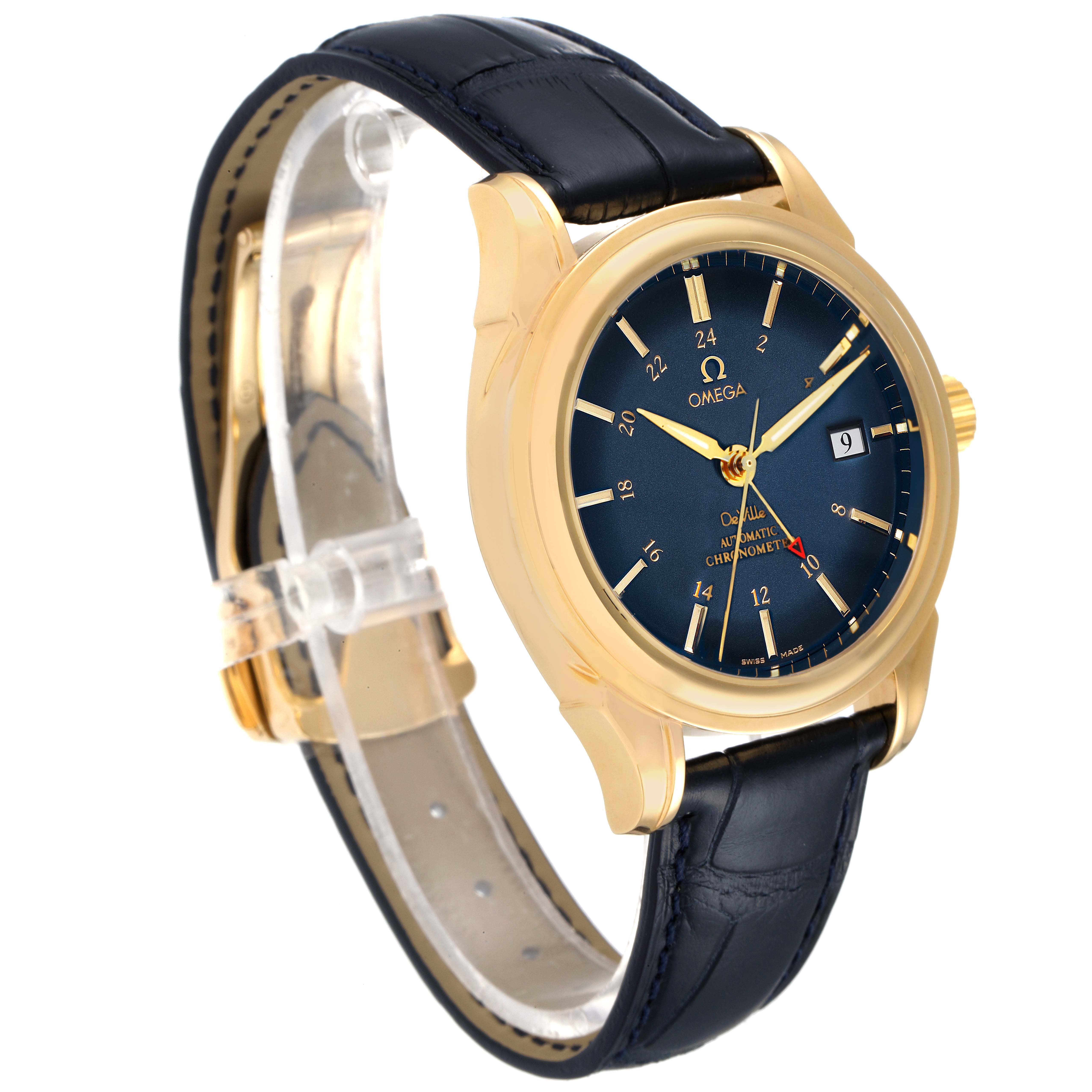 This Omega De Ville 4633.80.00 Men's Yellow Gold Blue Dial 4633.80.00 Men's Yellow Gold Blue Dial watch is shown at a three-quarter angle, highlighting the gold case, blue dial, and black leather strap.