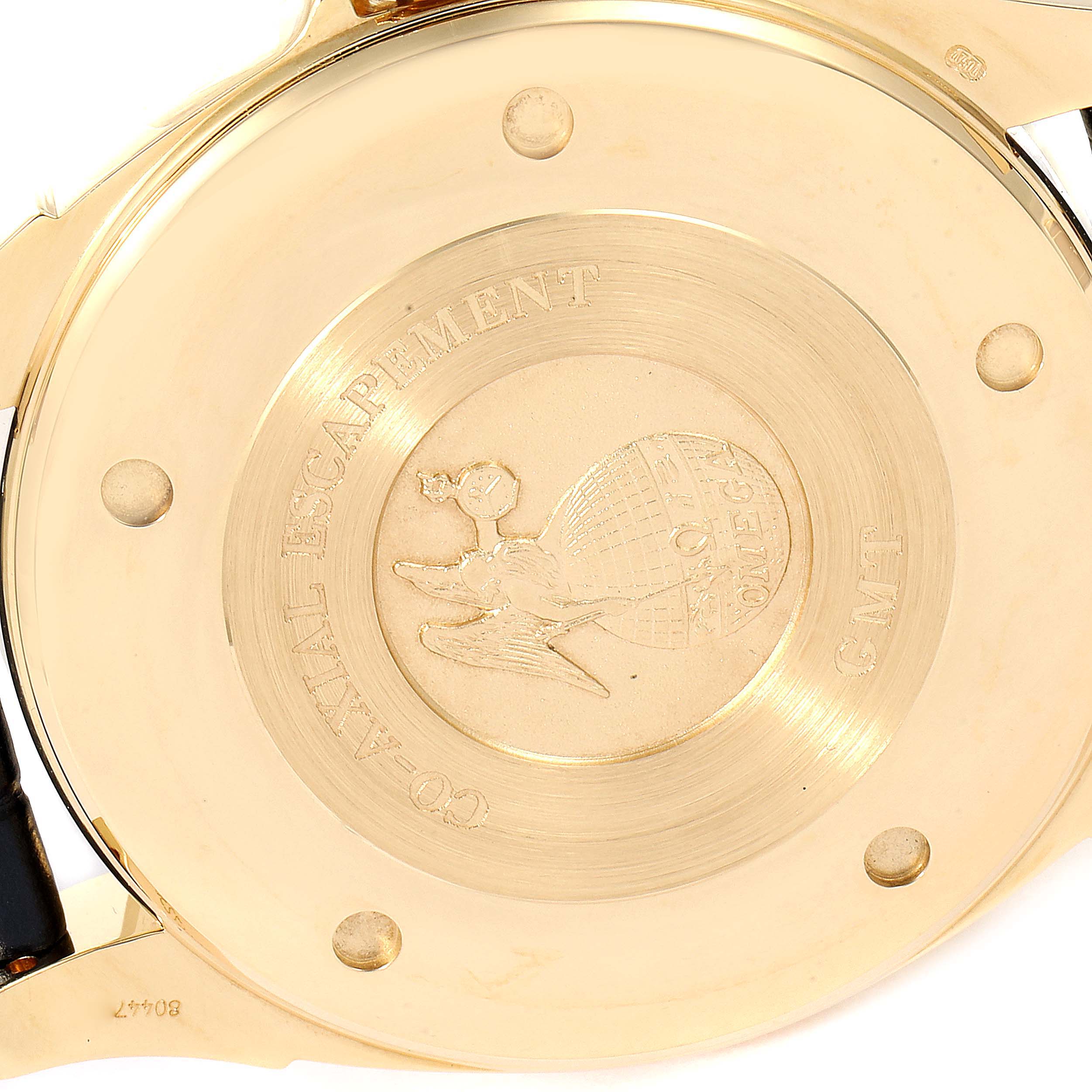The image shows the back case of an Omega De Ville 4633.80.00 Men's Yellow Gold Blue Dial 4633.80.00 Men's Yellow Gold Blue Dial watch from a straight-on angle.
