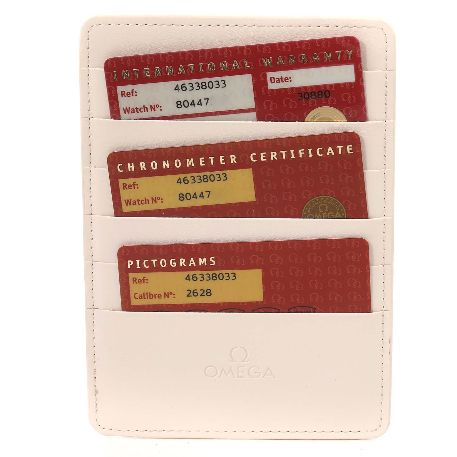 The image shows an Omega De Ville 4633.80.00 Men's Yellow Gold Blue Dial 4633.80.00 Men's Yellow Gold Blue Dial model's warranty cards and certificates in a white holder.