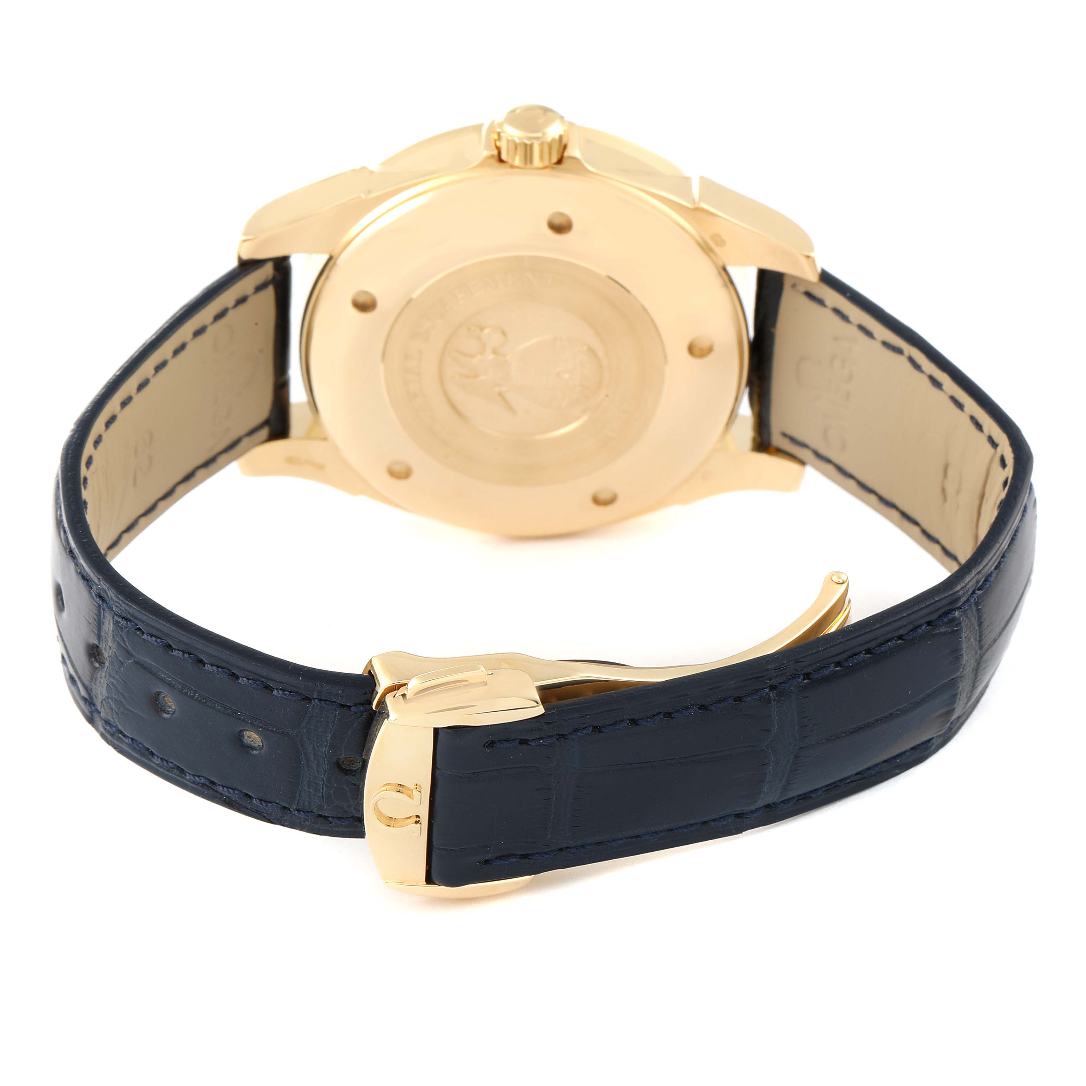 This image shows the back case and strap of an Omega De Ville 4633.80.00 Men's Yellow Gold Blue Dial 4633.80.00 Men's Yellow Gold Blue Dial watch, highlighting the clasp and leather band.