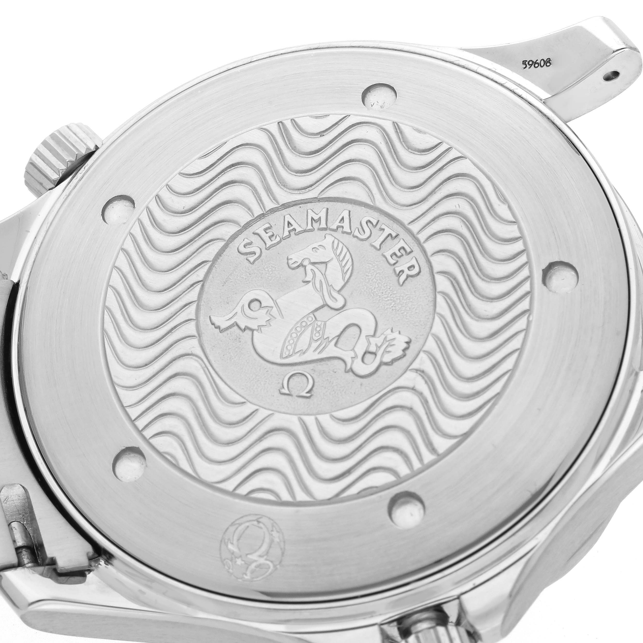 The image shows the back case of an Omega Seamaster 2541.80.00 Men's Stainless Steel Blue Dial 2541.80.00 Men's Stainless Steel Blue Dial watch, featuring a wave pattern and emblem.