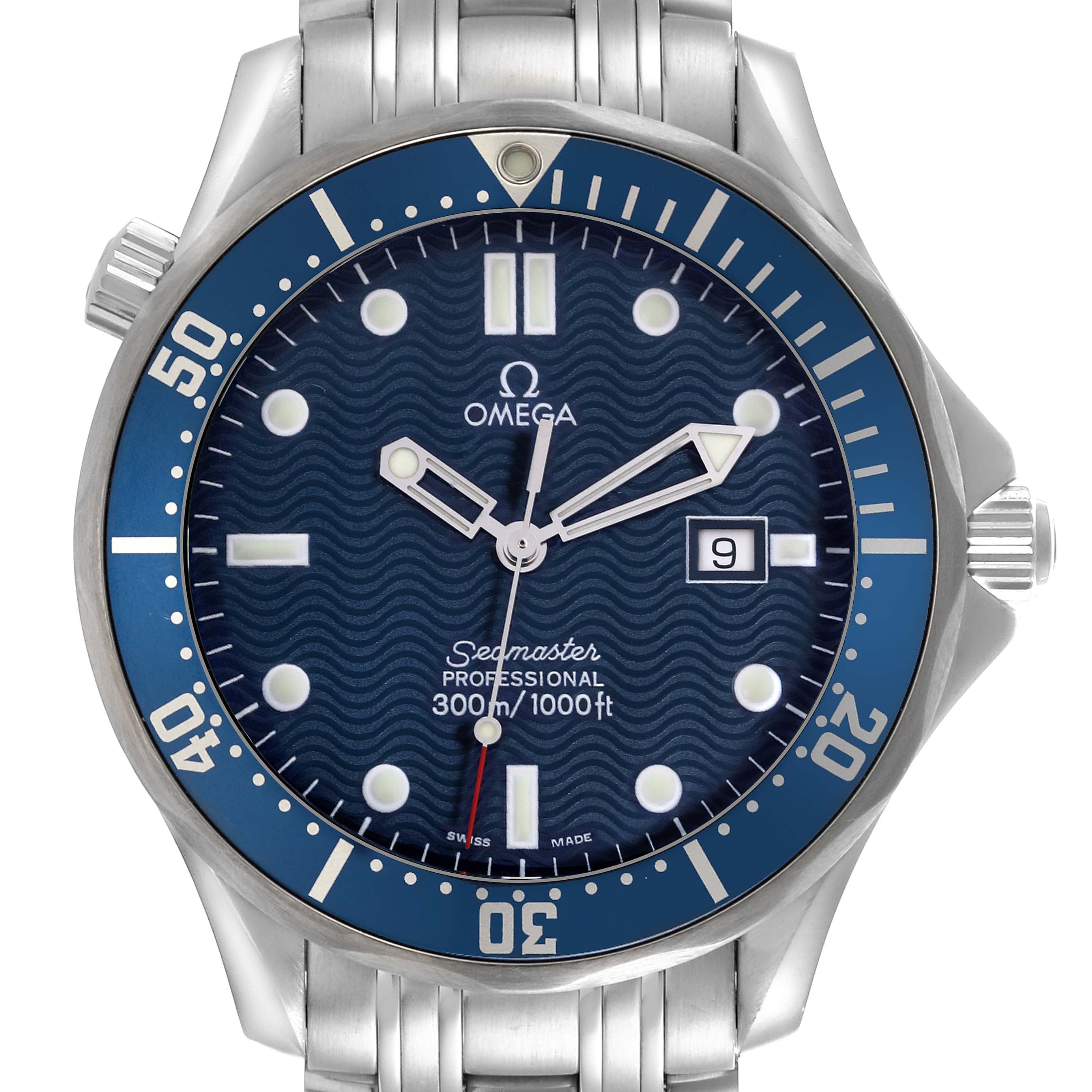 The image shows a front view of the Omega Seamaster 2541.80.00 Men's Stainless Steel Blue Dial 2541.80.00 Men's Stainless Steel Blue Dial watch, highlighting the dial, hands, bezel, and part of the bracelet.