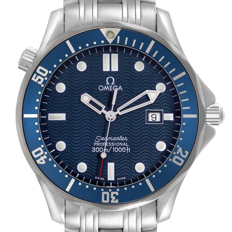 The image shows a front view of the Omega Seamaster watch, highlighting the dial, hands, bezel, and part of the bracelet.