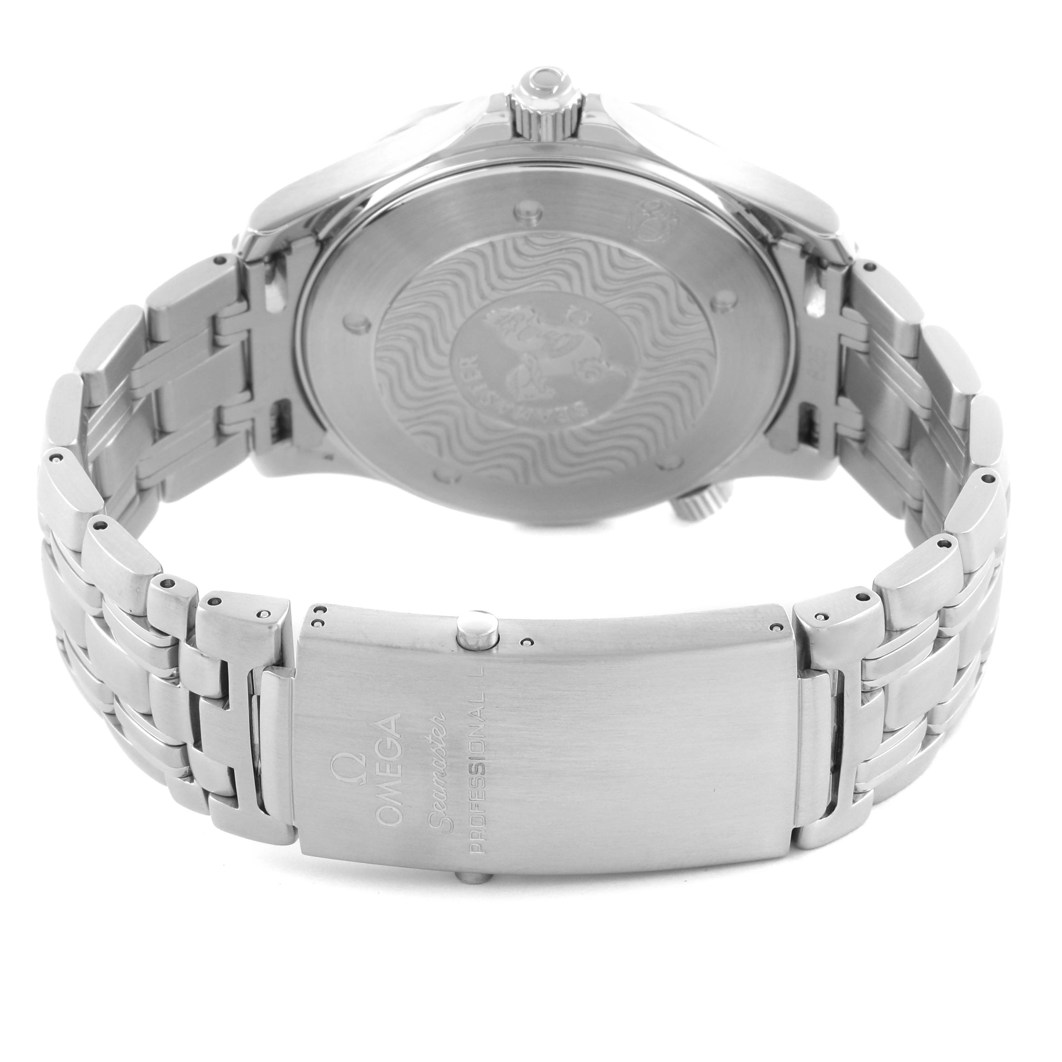 The Omega Seamaster 2541.80.00 Men's Stainless Steel Blue Dial 2541.80.00 Men's Stainless Steel Blue Dial watch is shown from the back, highlighting the case back and clasp with engraving.