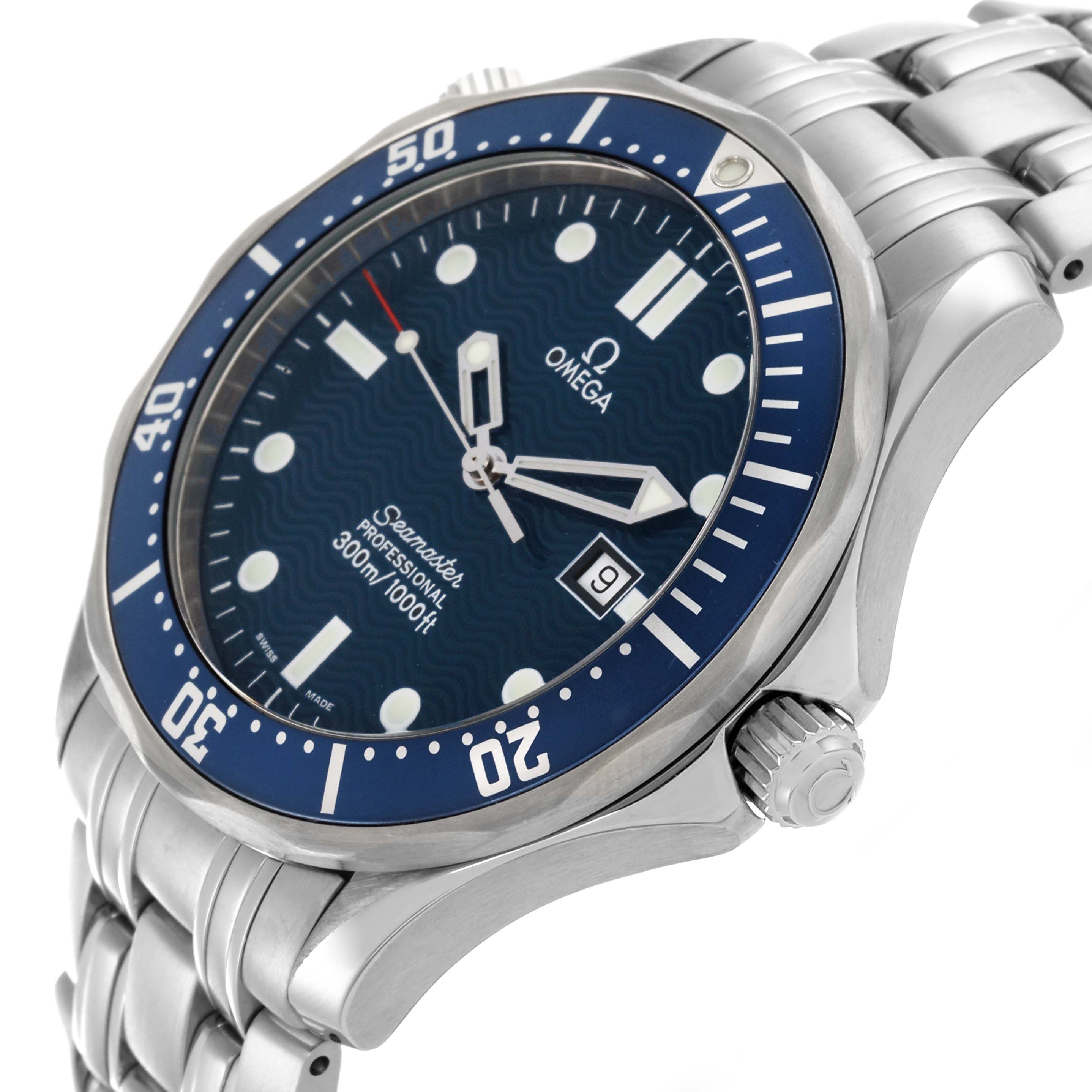 The Omega Seamaster 2541.80.00 Men's Stainless Steel Blue Dial 2541.80.00 Men's Stainless Steel Blue Dial watch is shown from an angled view, highlighting the face, bezel, crown, and part of the bracelet.