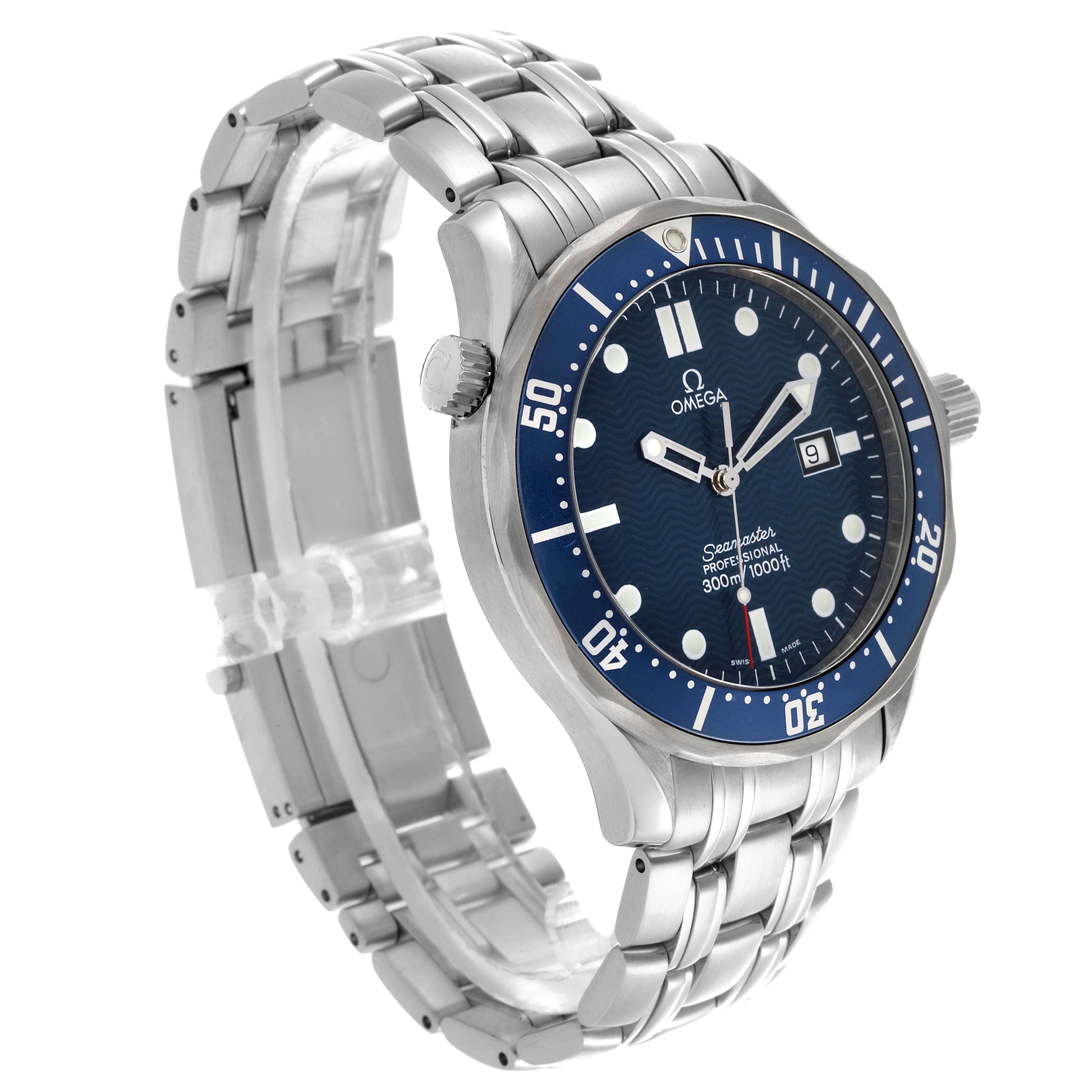 The Omega Seamaster 2541.80.00 Men's Stainless Steel Blue Dial 2541.80.00 Men's Stainless Steel Blue Dial watch is shown at a front-side angle, displaying the full face, bezel, and metal bracelet.