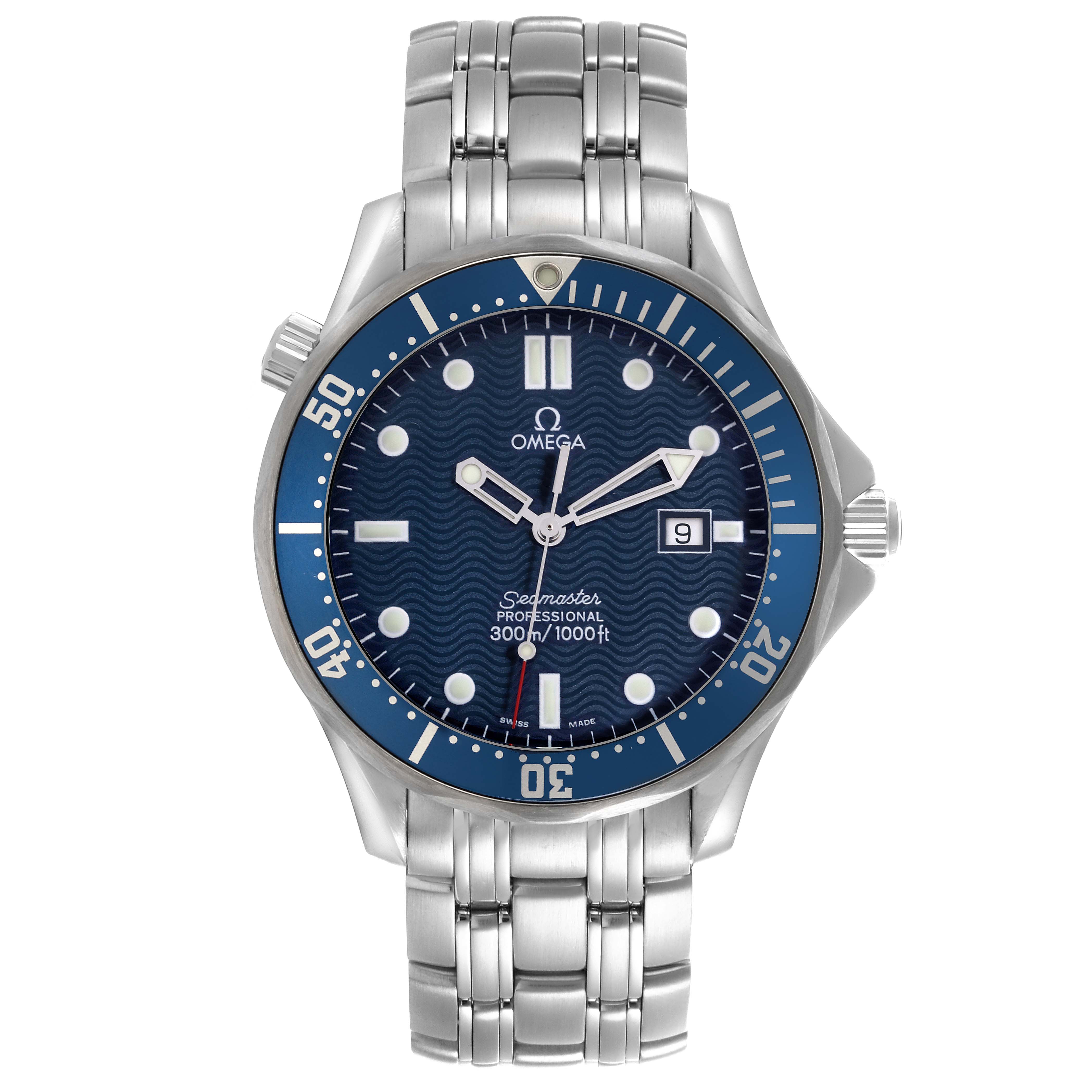 The image shows a front view of the Omega Seamaster 2541.80.00 Men's Stainless Steel Blue Dial 2541.80.00 Men's Stainless Steel Blue Dial, displaying the dial, bezel, and bracelet.