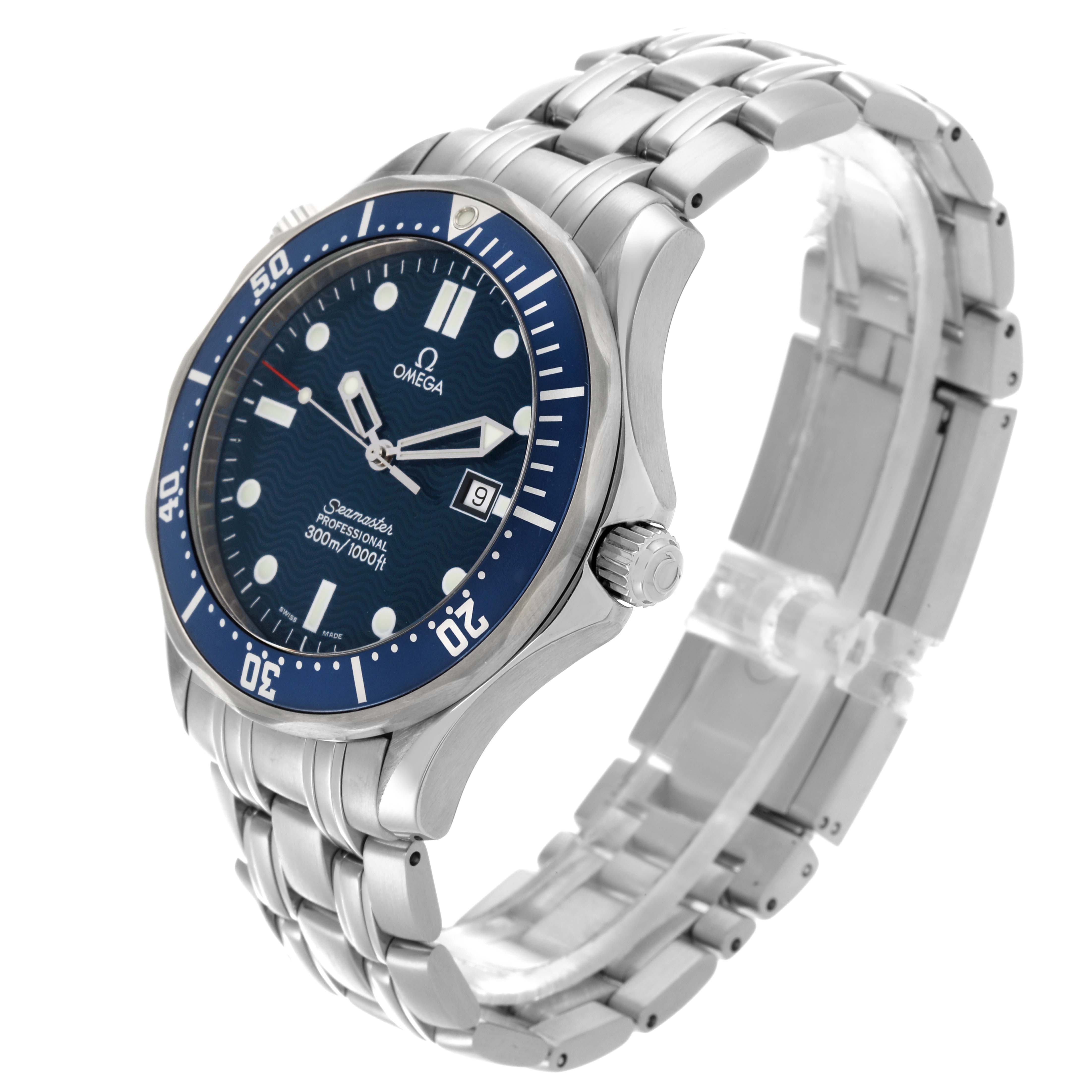 The Omega Seamaster 2541.80.00 Men's Stainless Steel Blue Dial 2541.80.00 Men's Stainless Steel Blue Dial watch is shown at a three-quarter angle, highlighting the bezel, dial, crown, and bracelet.