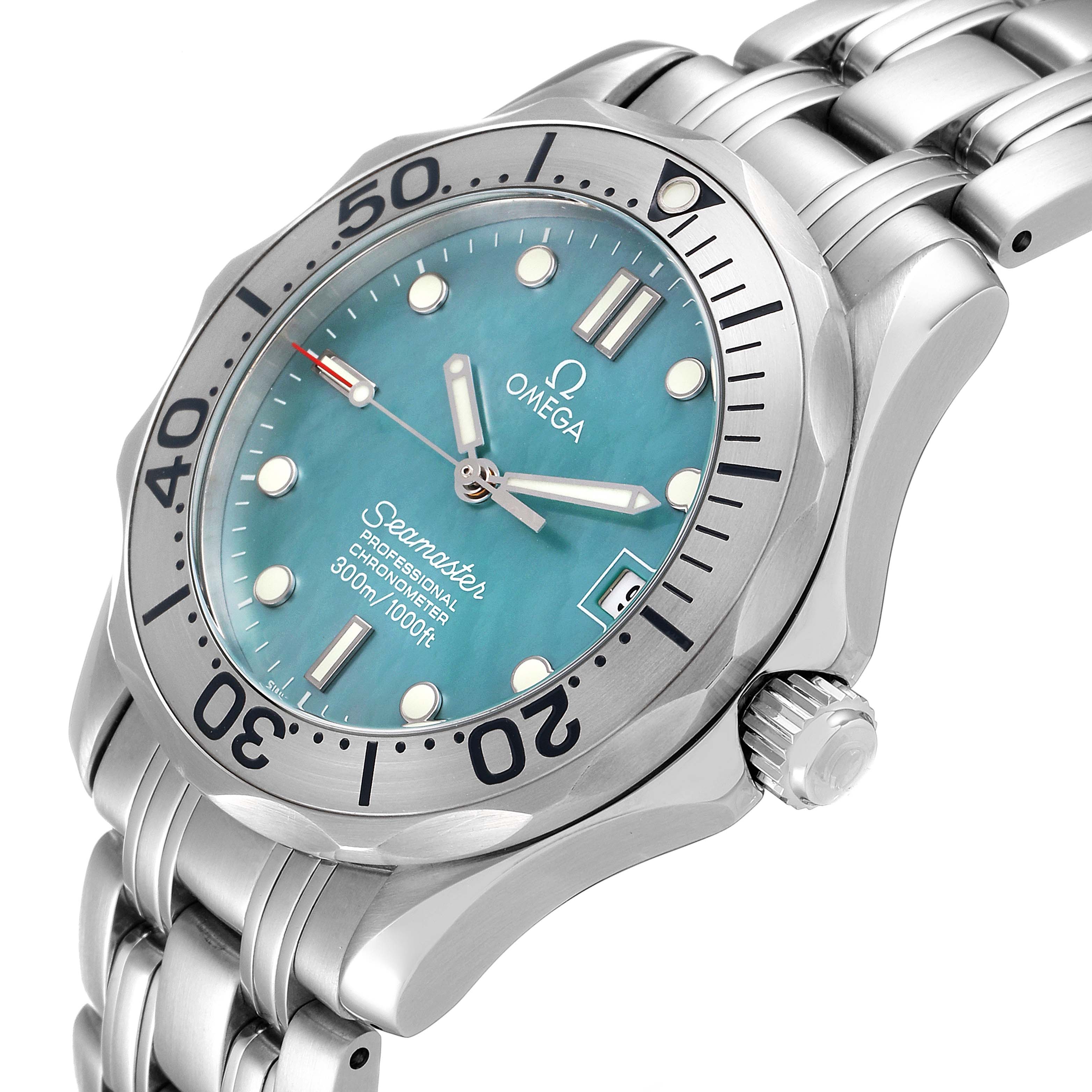 The Omega Seamaster 2050.71.00 Men's Stainless Steel Mother of Pearl Dial 2050.71.00 Men's Stainless Steel Mother of Pearl Dial watch is shown at an angled view displaying the dial, bezel, case, crown, and a section of the bracelet.