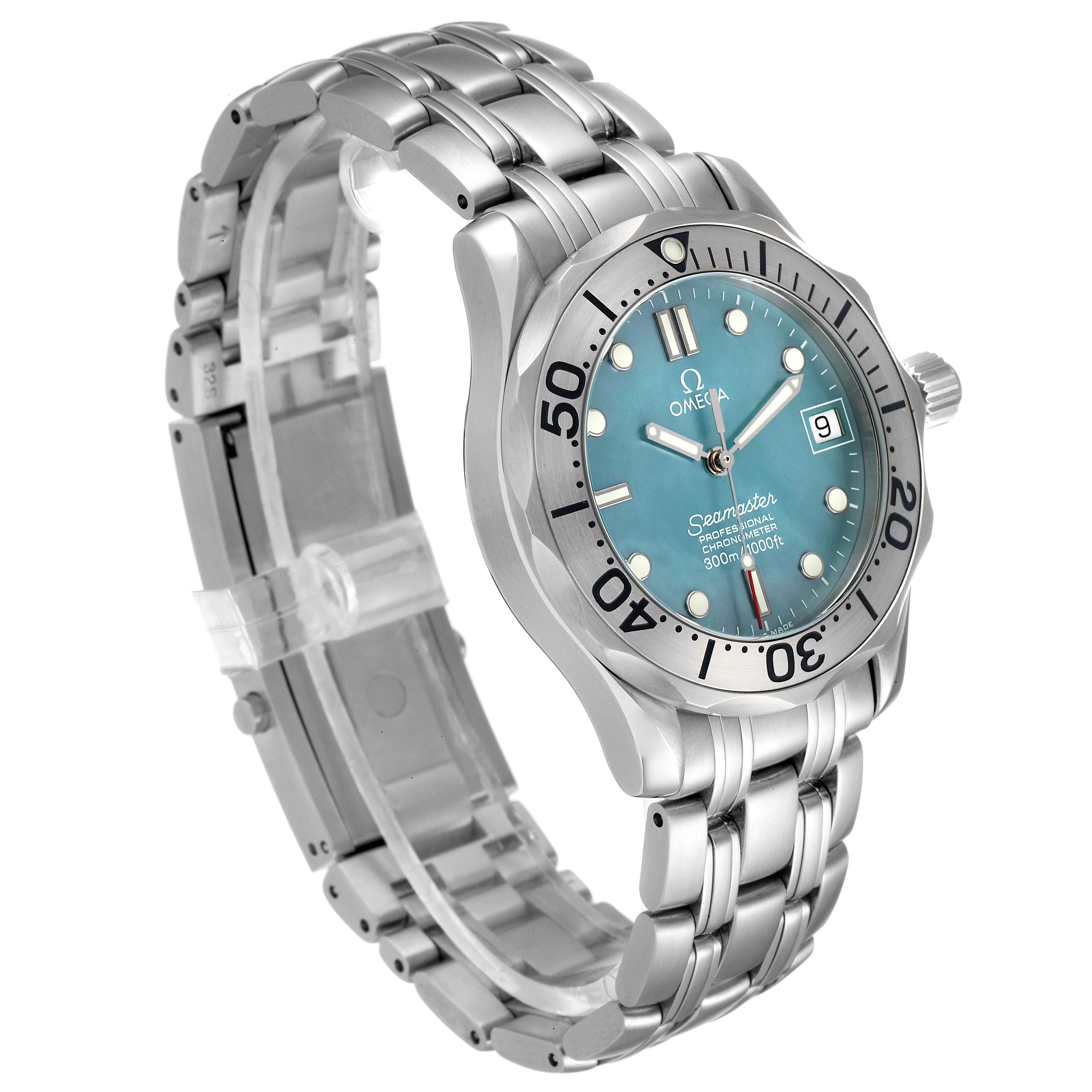 The image shows an Omega Seamaster 2050.71.00 Men's Stainless Steel Mother of Pearl Dial 2050.71.00 Men's Stainless Steel Mother of Pearl Dial watch at a three-quarter angle, highlighting the face, bezel, crown, and bracelet.