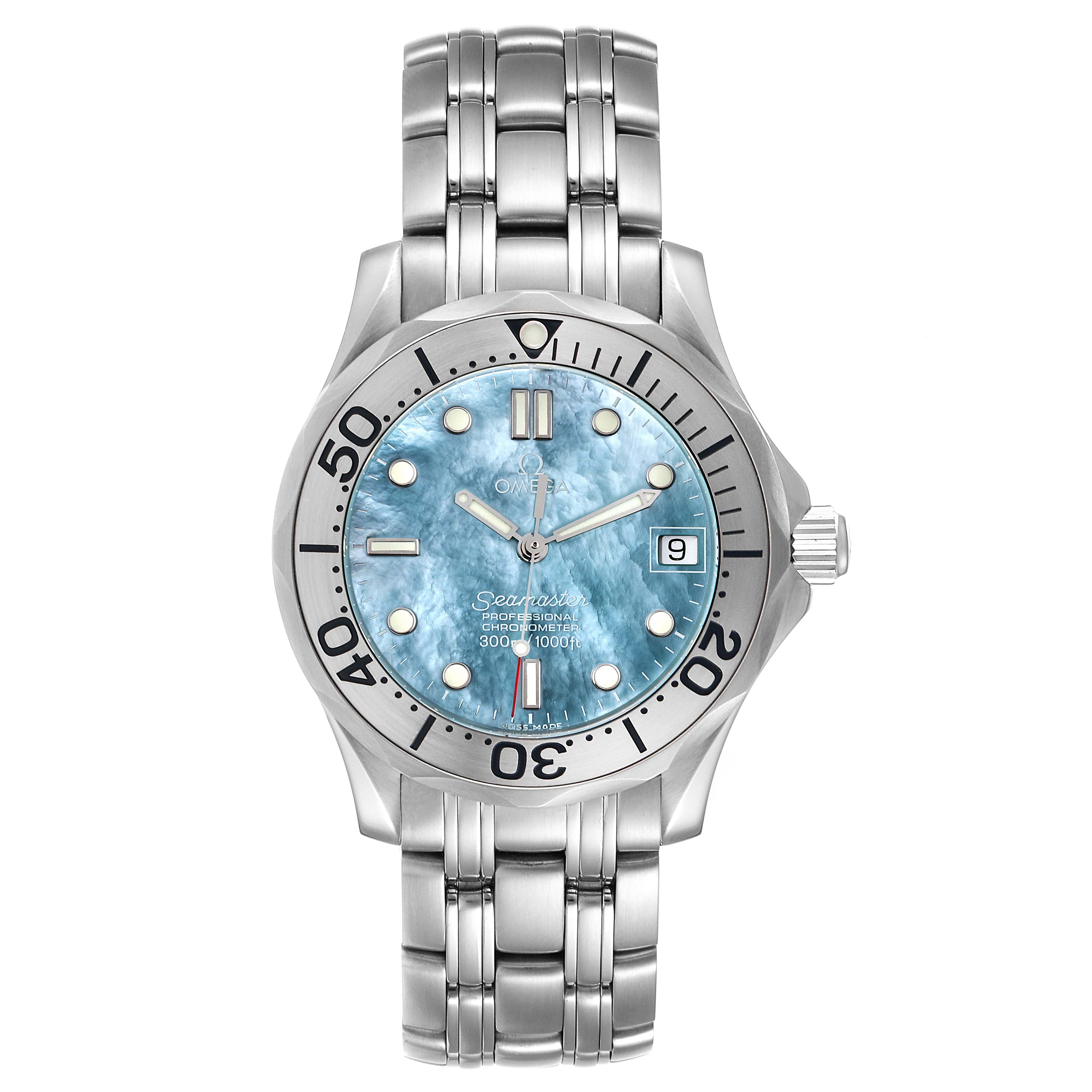 The Omega Seamaster 2050.71.00 Men's Stainless Steel Mother of Pearl Dial 2050.71.00 Men's Stainless Steel Mother of Pearl Dial watch is shown from a top-down angle, featuring the dial, bezel, crown, and bracelet.