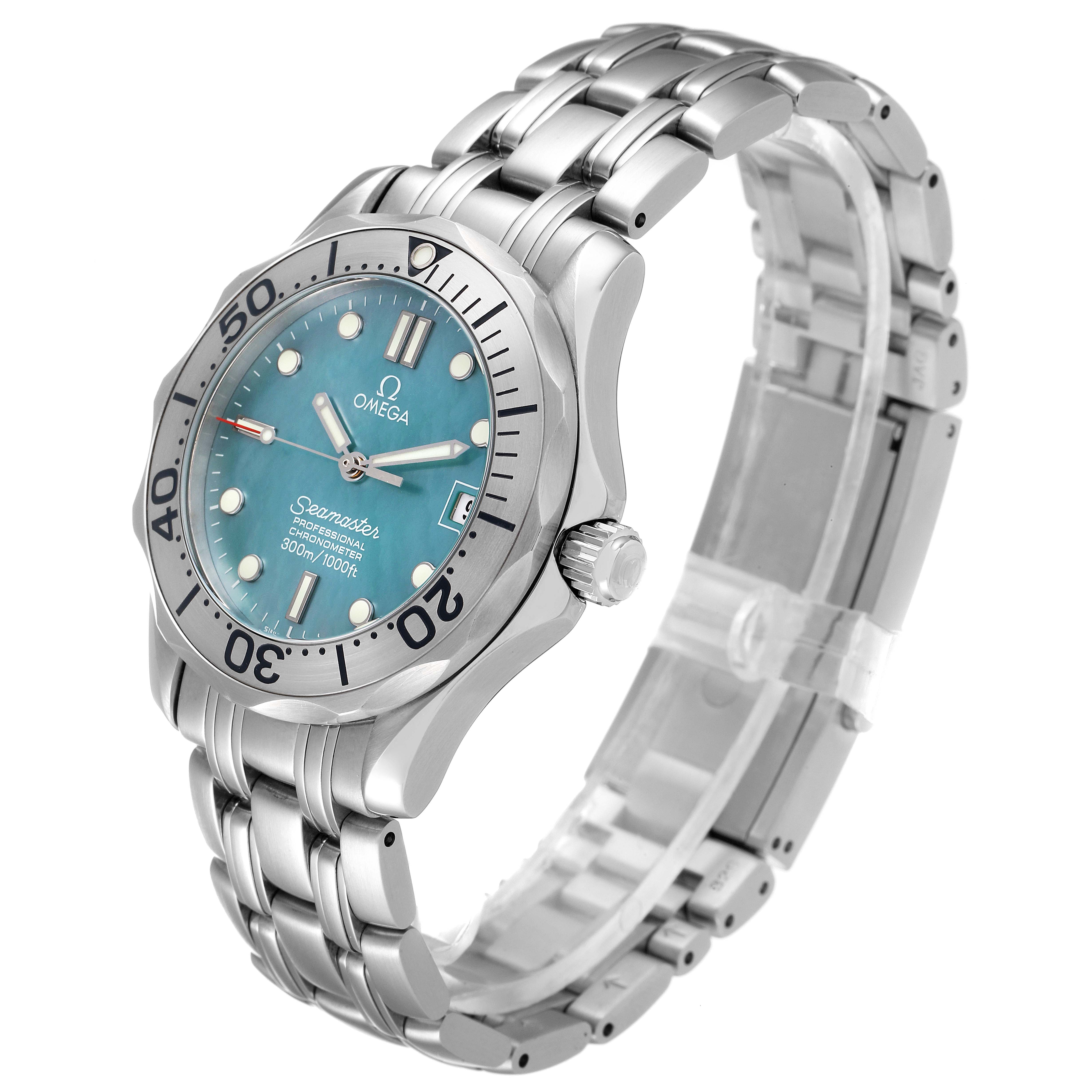 This image shows an angled side view of the Omega Seamaster 2050.71.00 Men's Stainless Steel Mother of Pearl Dial 2050.71.00 Men's Stainless Steel Mother of Pearl Dial watch, highlighting its dial, bezel, crown, and metal bracelet.