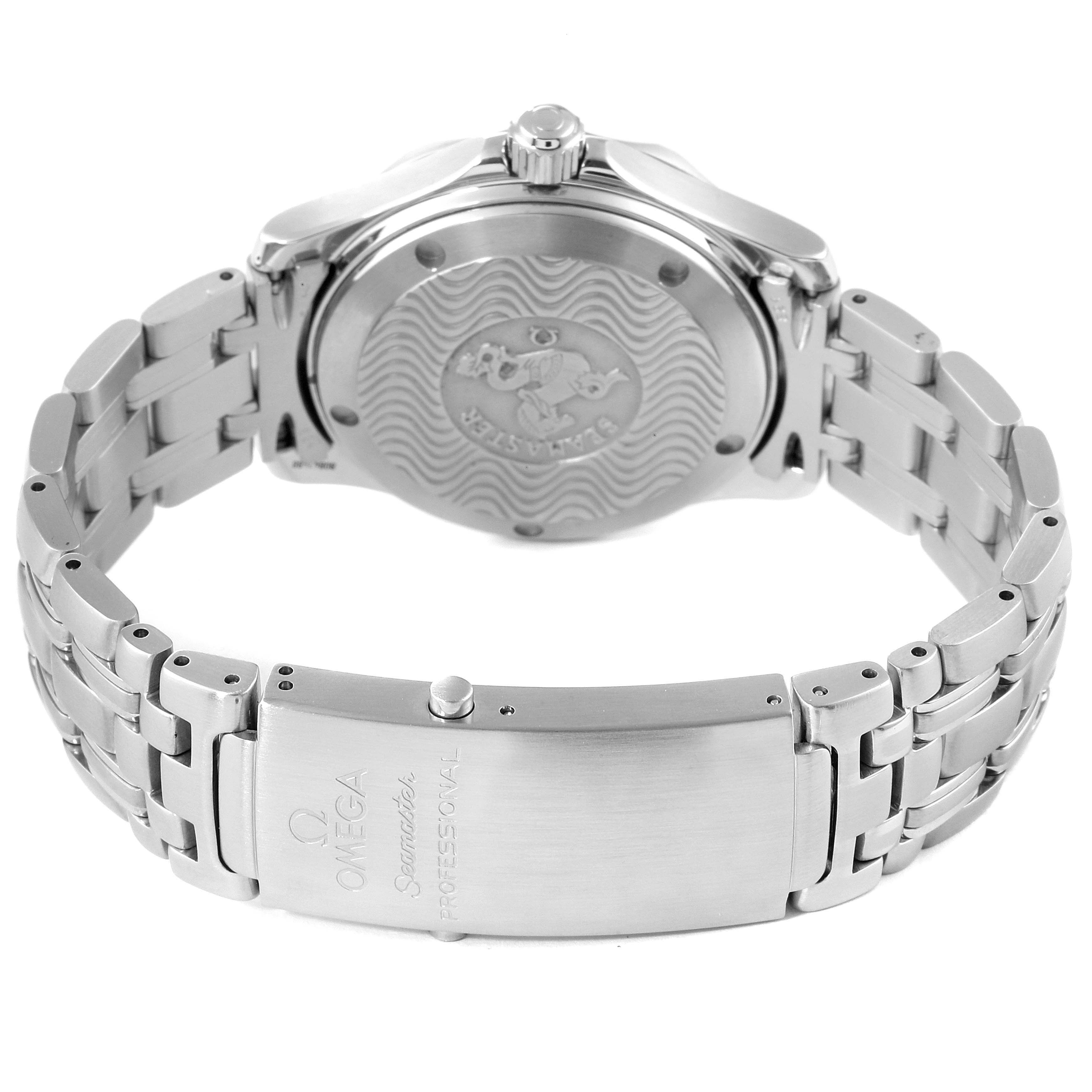 The image shows the case back and clasp of an Omega Seamaster 2050.71.00 Men's Stainless Steel Mother of Pearl Dial 2050.71.00 Men's Stainless Steel Mother of Pearl Dial watch from a rear angle.