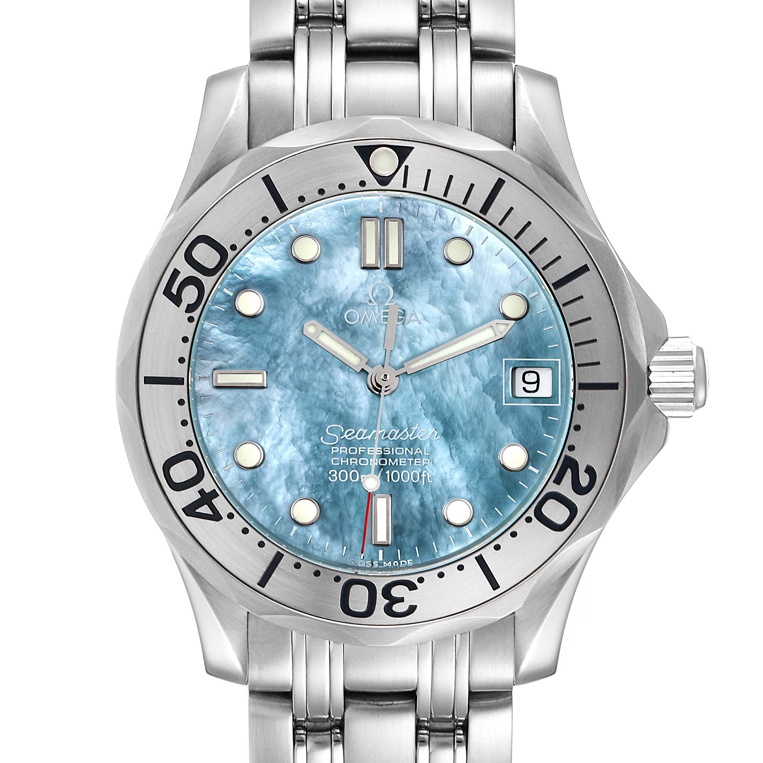 This image shows a frontal view of an Omega Seamaster 2050.71.00 Men's Stainless Steel Mother of Pearl Dial 2050.71.00 Men's Stainless Steel Mother of Pearl Dial watch with a blue dial and silver bracelet.