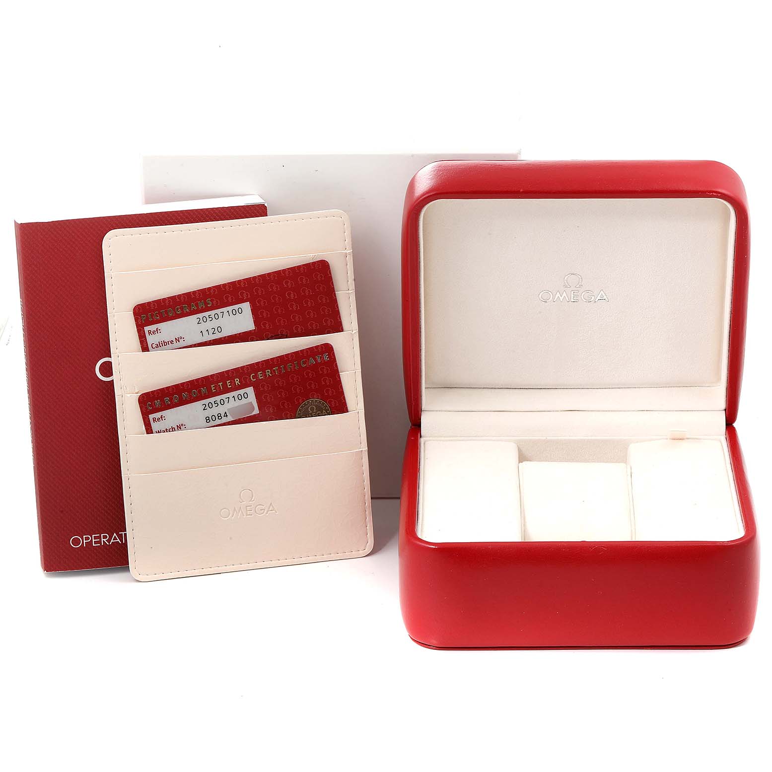 This image shows a red Omega Seamaster 2050.71.00 Men's Stainless Steel Mother of Pearl Dial 2050.71.00 Men's Stainless Steel Mother of Pearl Dial watch box, two cards, and an instruction booklet.