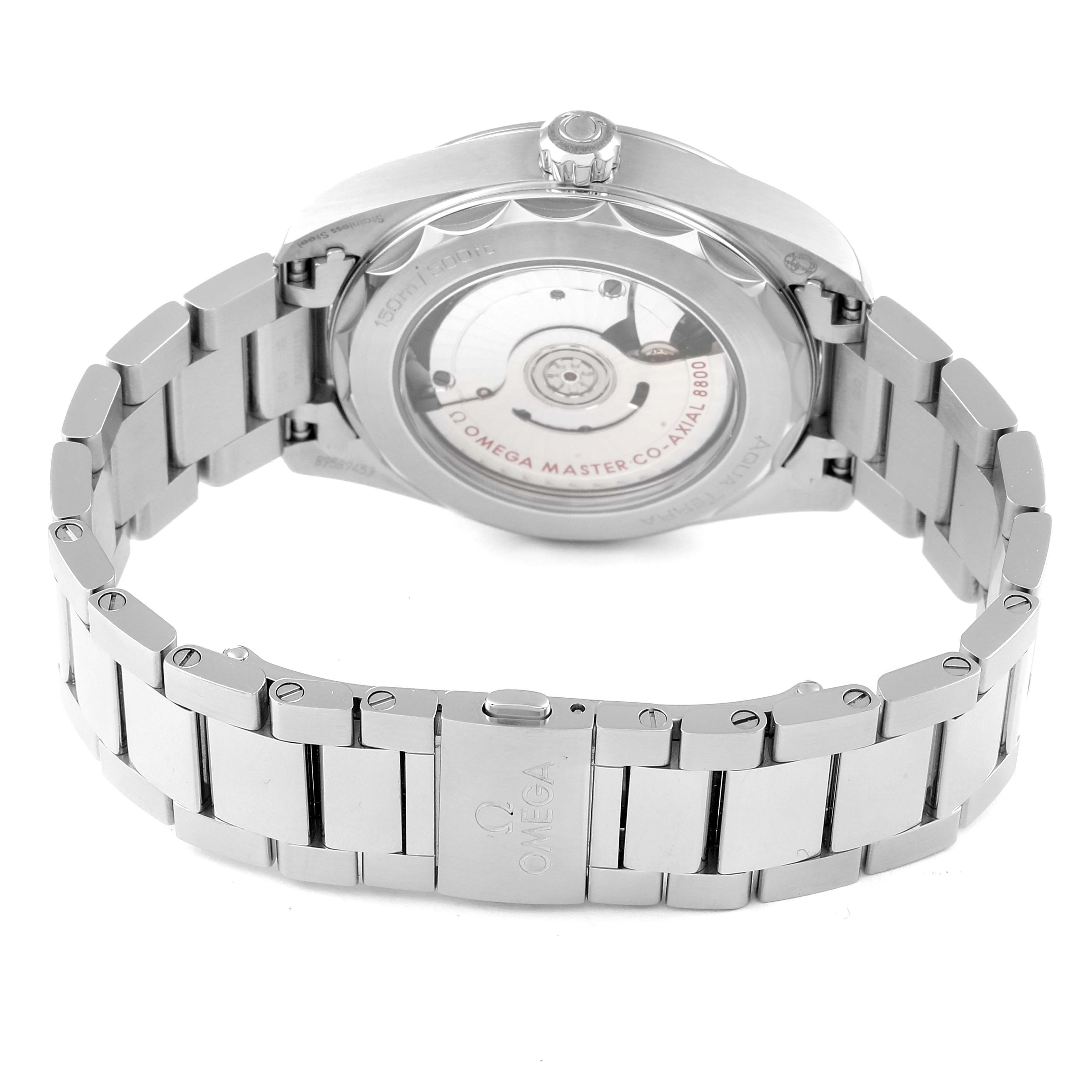 The image shows the back view of the Omega Aqua Terra 220.10.38.20.01.001 Men's Stainless Steel Black Dial 220.10.38.20.01.001 Men's Stainless Steel Black Dial watch, highlighting its open case back and stainless steel bracelet.