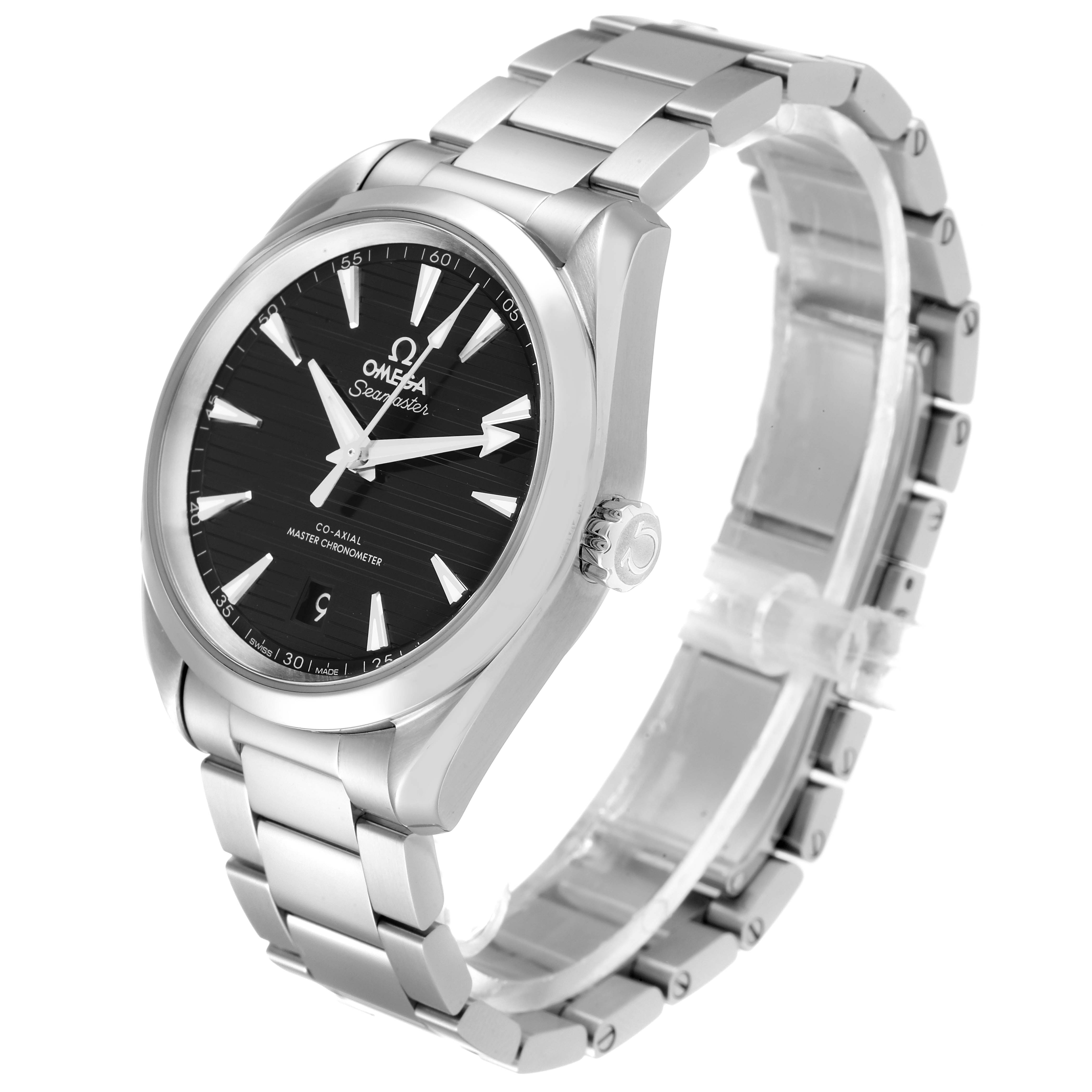 The image shows an Omega Aqua Terra 220.10.38.20.01.001 Men's Stainless Steel Black Dial 220.10.38.20.01.001 Men's Stainless Steel Black Dial watch at a slight angle, displaying its face, bezel, crown, and metal bracelet.