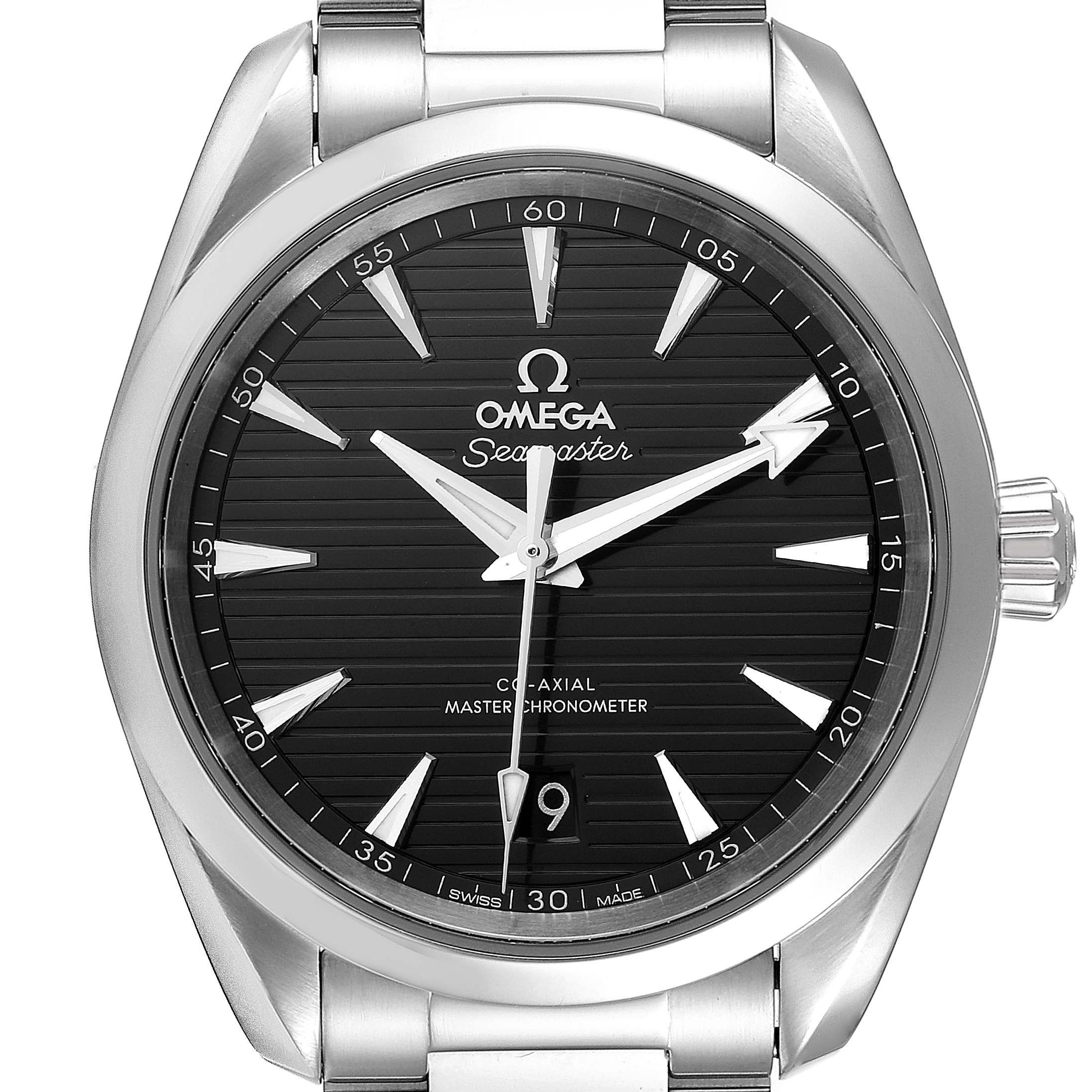 The image shows a front view of the Omega Aqua Terra 220.10.38.20.01.001 Men's Stainless Steel Black Dial 220.10.38.20.01.001 Men's Stainless Steel Black Dial watch, highlighting its dial, hands, bezel, and crown.