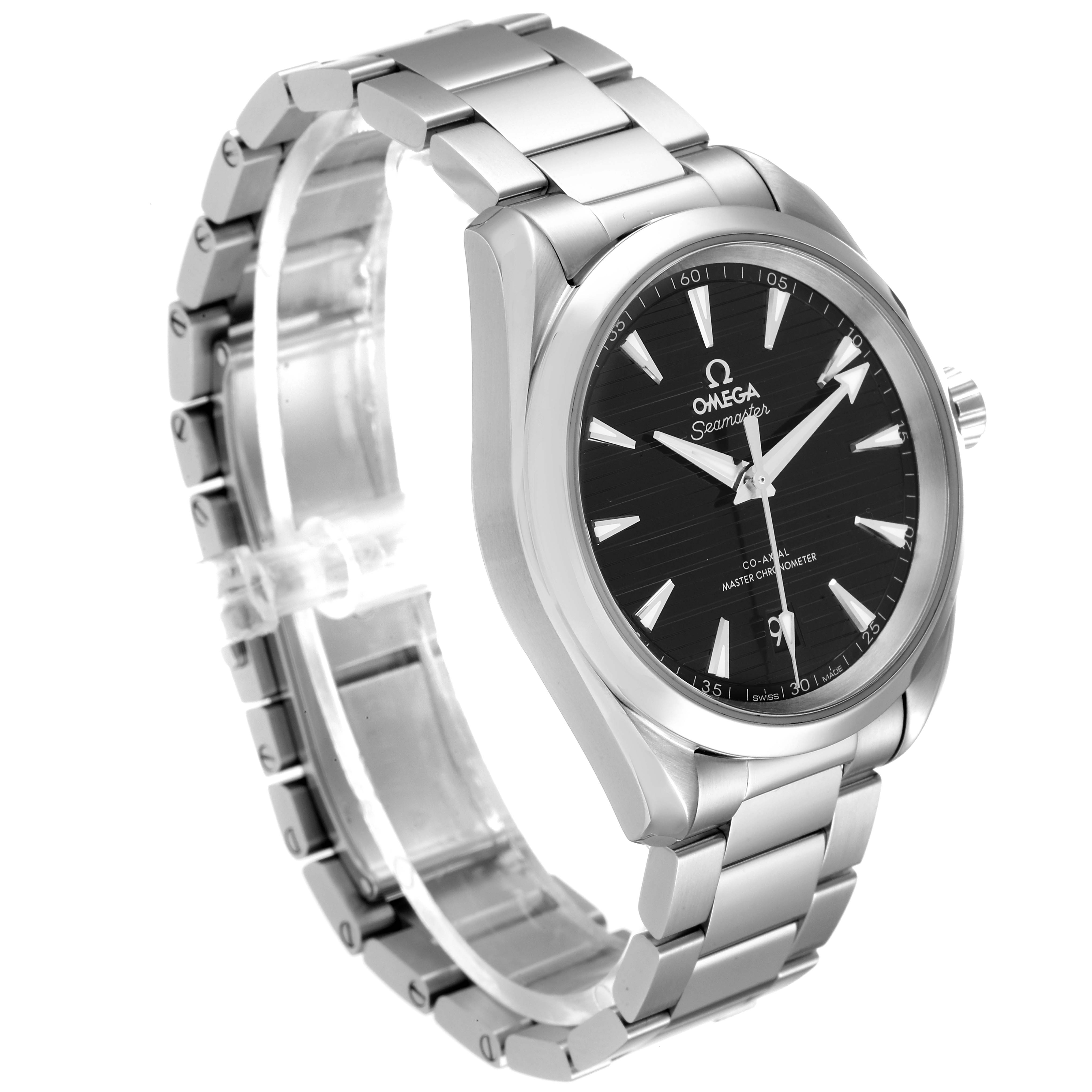 The Omega Aqua Terra 220.10.38.20.01.001 Men's Stainless Steel Black Dial 220.10.38.20.01.001 Men's Stainless Steel Black Dial watch is shown at an angle highlighting its face, bezel, and metal bracelet.