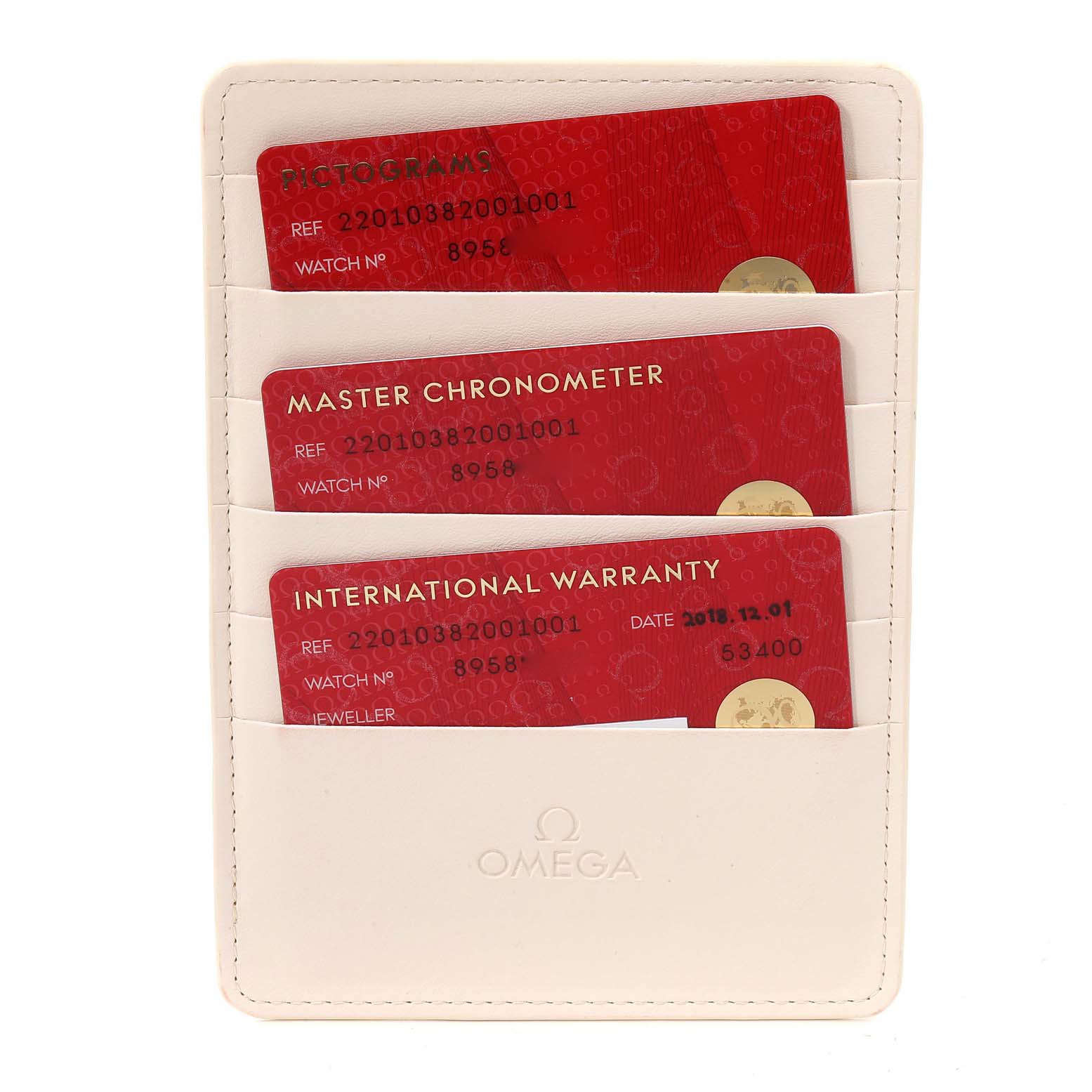 The image shows three red cards for an Omega Aqua Terra 220.10.38.20.01.001 Men's Stainless Steel Black Dial 220.10.38.20.01.001 Men's Stainless Steel Black Dial watch, labeled as Pictograms, Master Chronometer, and International Warranty.