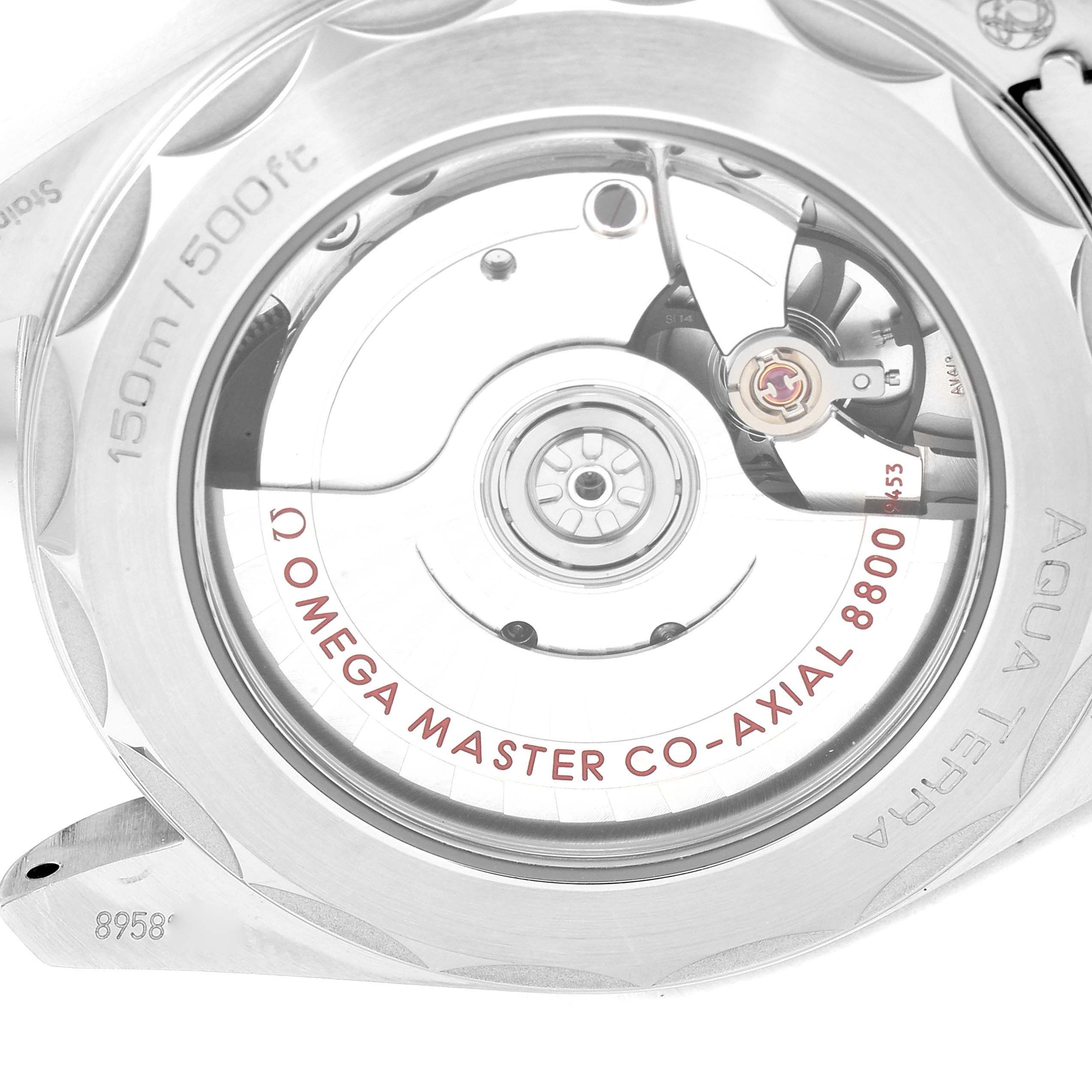 The image shows the back of the Omega Aqua Terra 220.10.38.20.01.001 Men's Stainless Steel Black Dial 220.10.38.20.01.001 Men's Stainless Steel Black Dial watch, highlighting the Omega Master Co-Axial 8800 movement and water resistance rating.