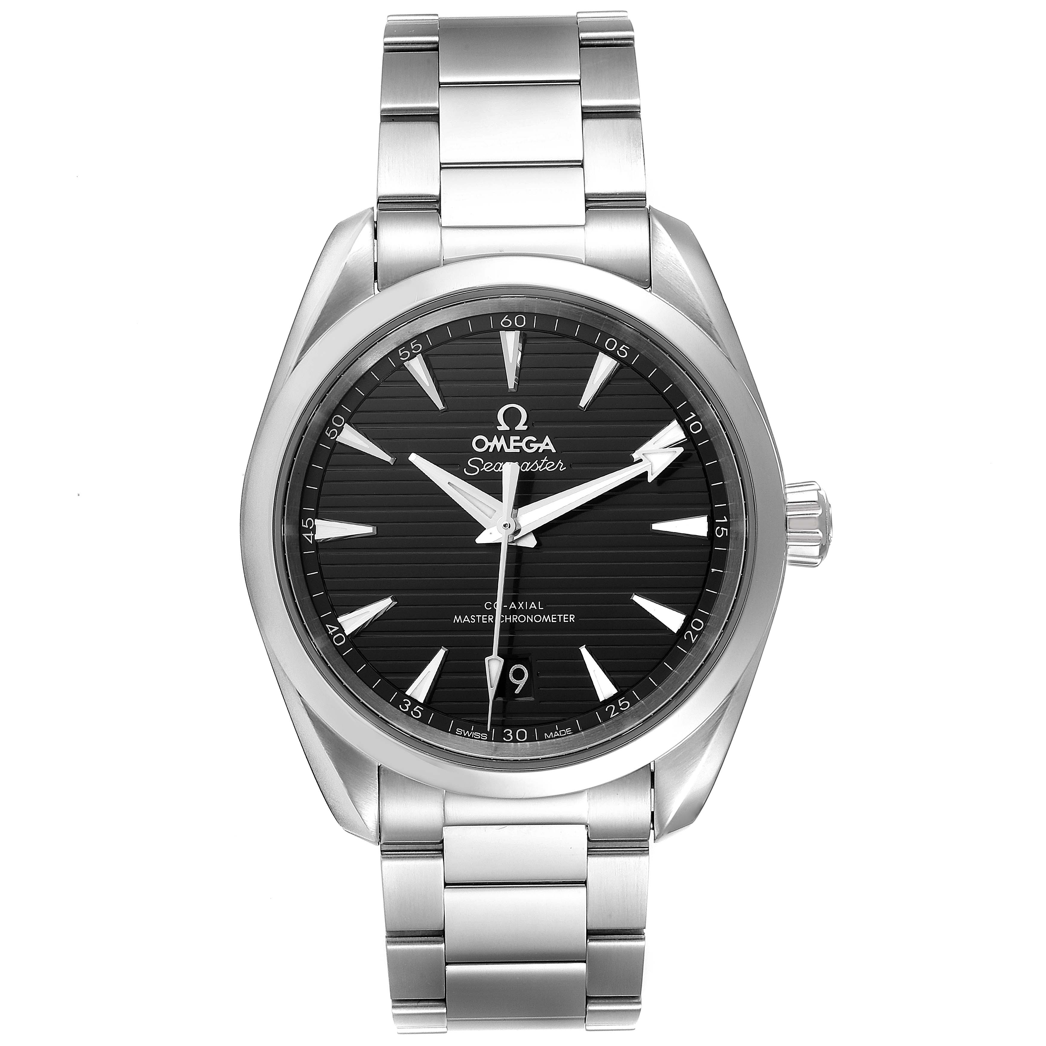 Front view of an Omega Aqua Terra 220.10.38.20.01.001 Men's Stainless Steel Black Dial 220.10.38.20.01.001 Men's Stainless Steel Black Dial watch showcasing the dial, hands, bezel, and part of the bracelet.