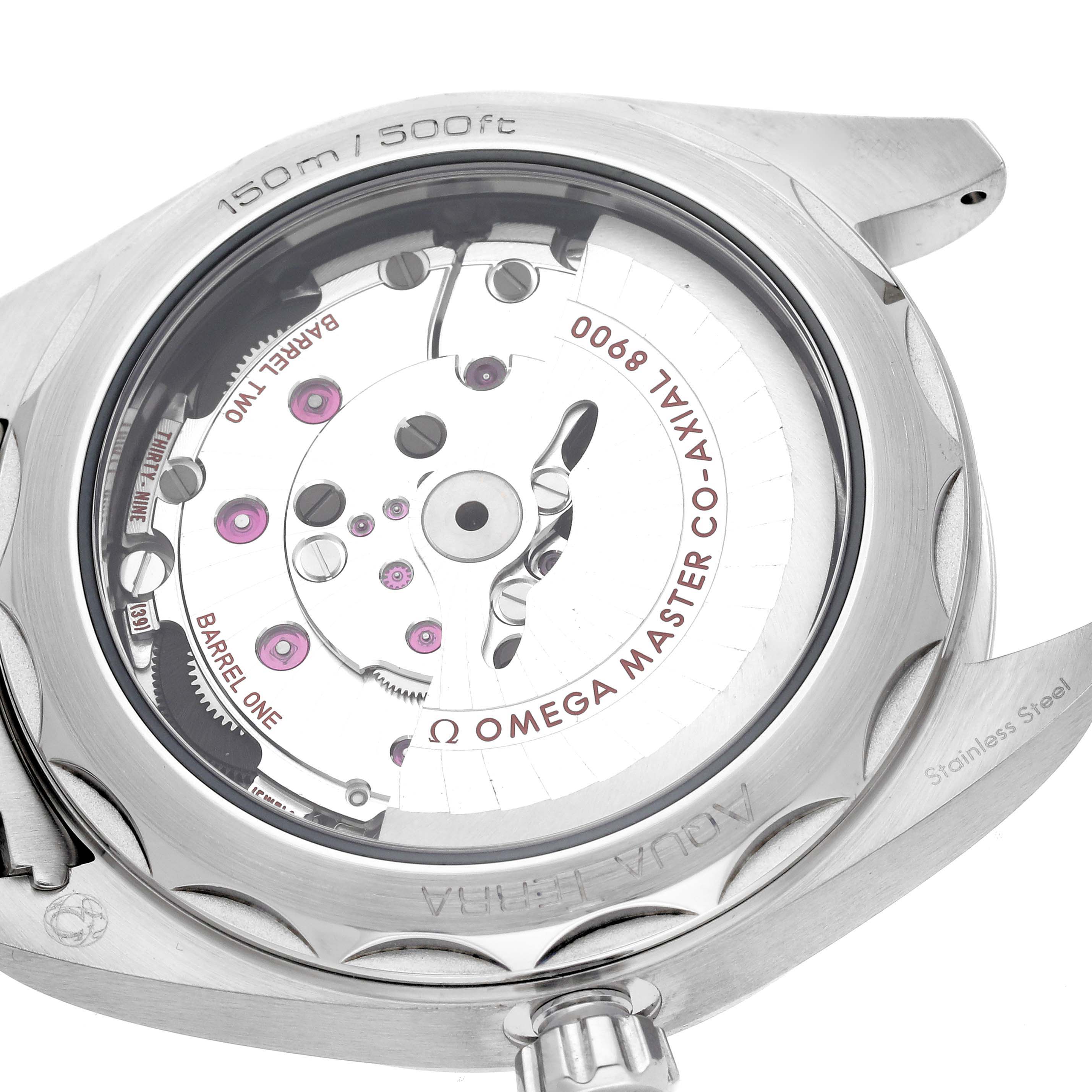 The image shows the back case and movement of the Omega Aqua Terra 220.10.41.21.06.001 Men's Stainless Steel Grey Dial 220.10.41.21.06.001 Men's Stainless Steel Grey Dial watch, highlighting its mechanical parts.