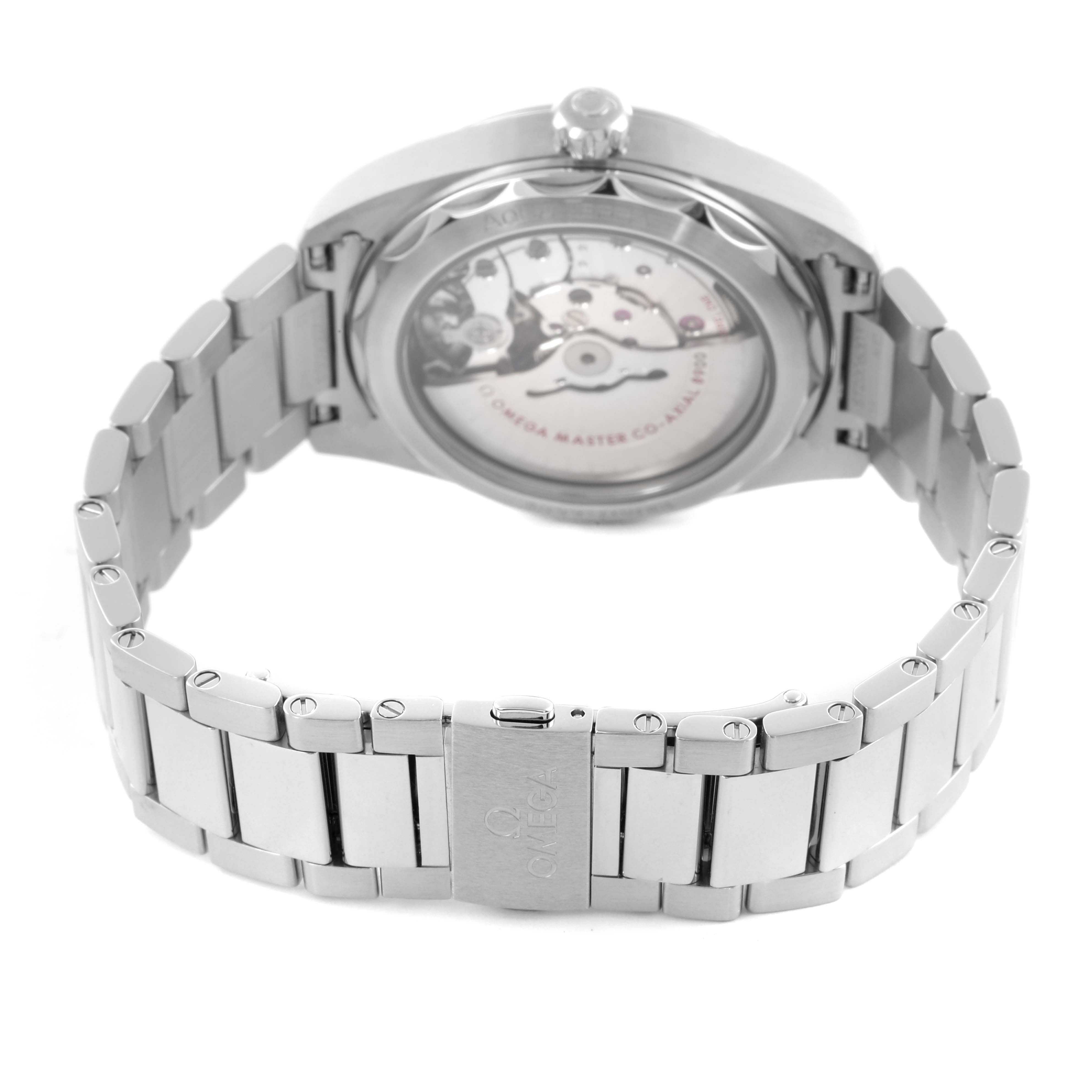 The Omega Aqua Terra 220.10.41.21.06.001 Men's Stainless Steel Grey Dial 220.10.41.21.06.001 Men's Stainless Steel Grey Dial watch is shown from the back, highlighting its clasp and visible movement.