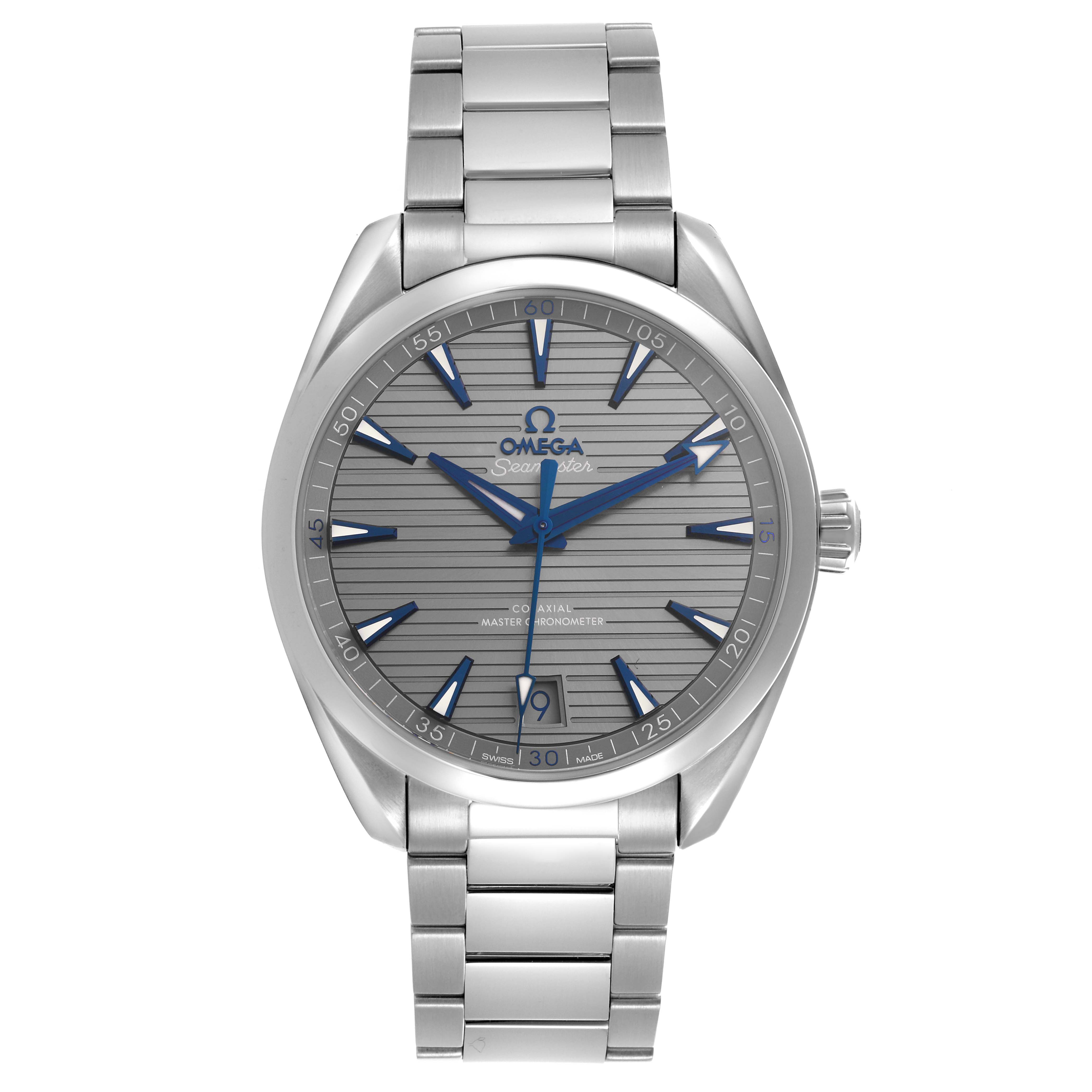 The Omega Aqua Terra 220.10.41.21.06.001 Men's Stainless Steel Grey Dial 220.10.41.21.06.001 Men's Stainless Steel Grey Dial watch is shown from the front, displaying the dial, hands, crown, and part of the bracelet.