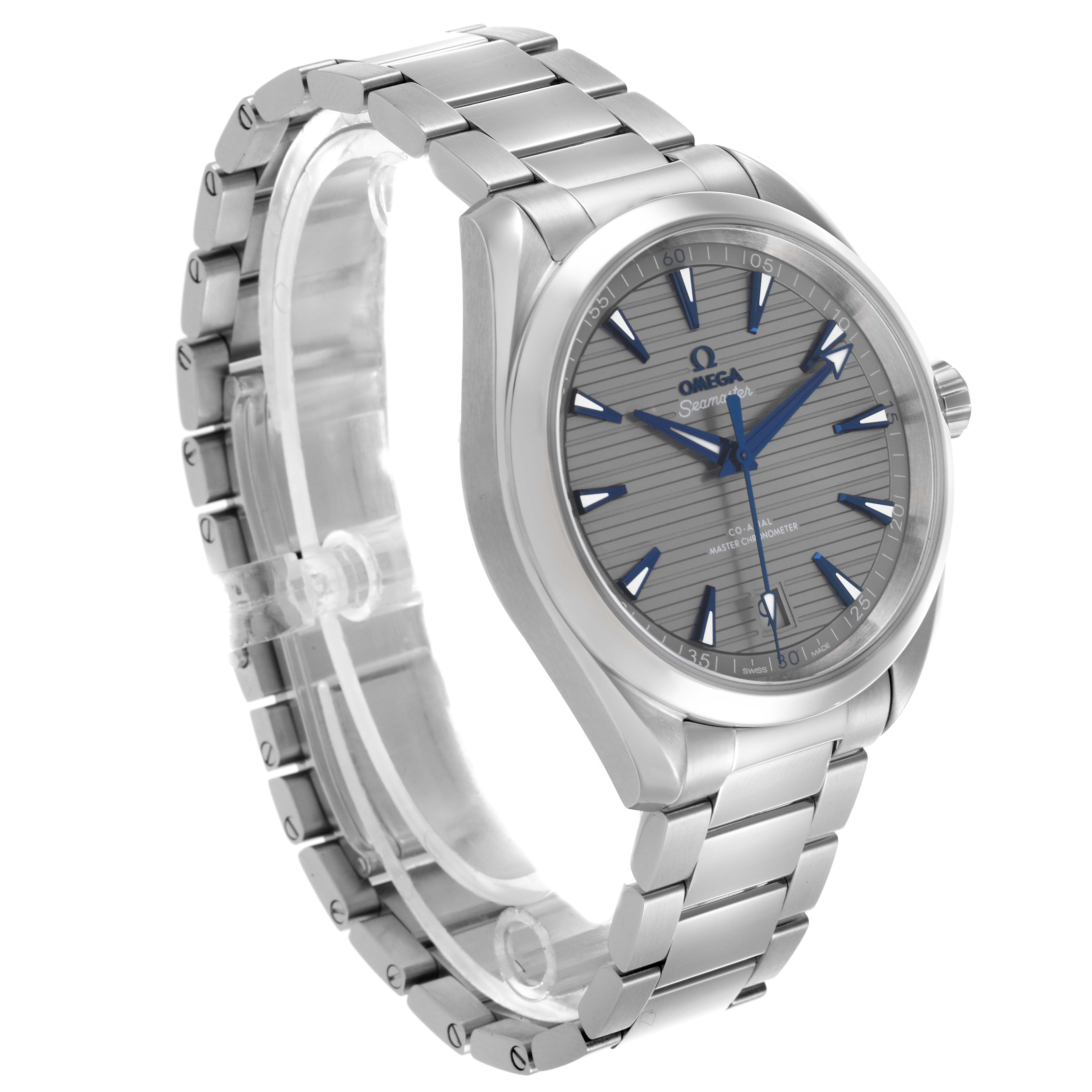 The Omega Aqua Terra 220.10.41.21.06.001 Men's Stainless Steel Grey Dial 220.10.41.21.06.001 Men's Stainless Steel Grey Dial watch is shown from a side angle displaying the face, bezel, and full bracelet.