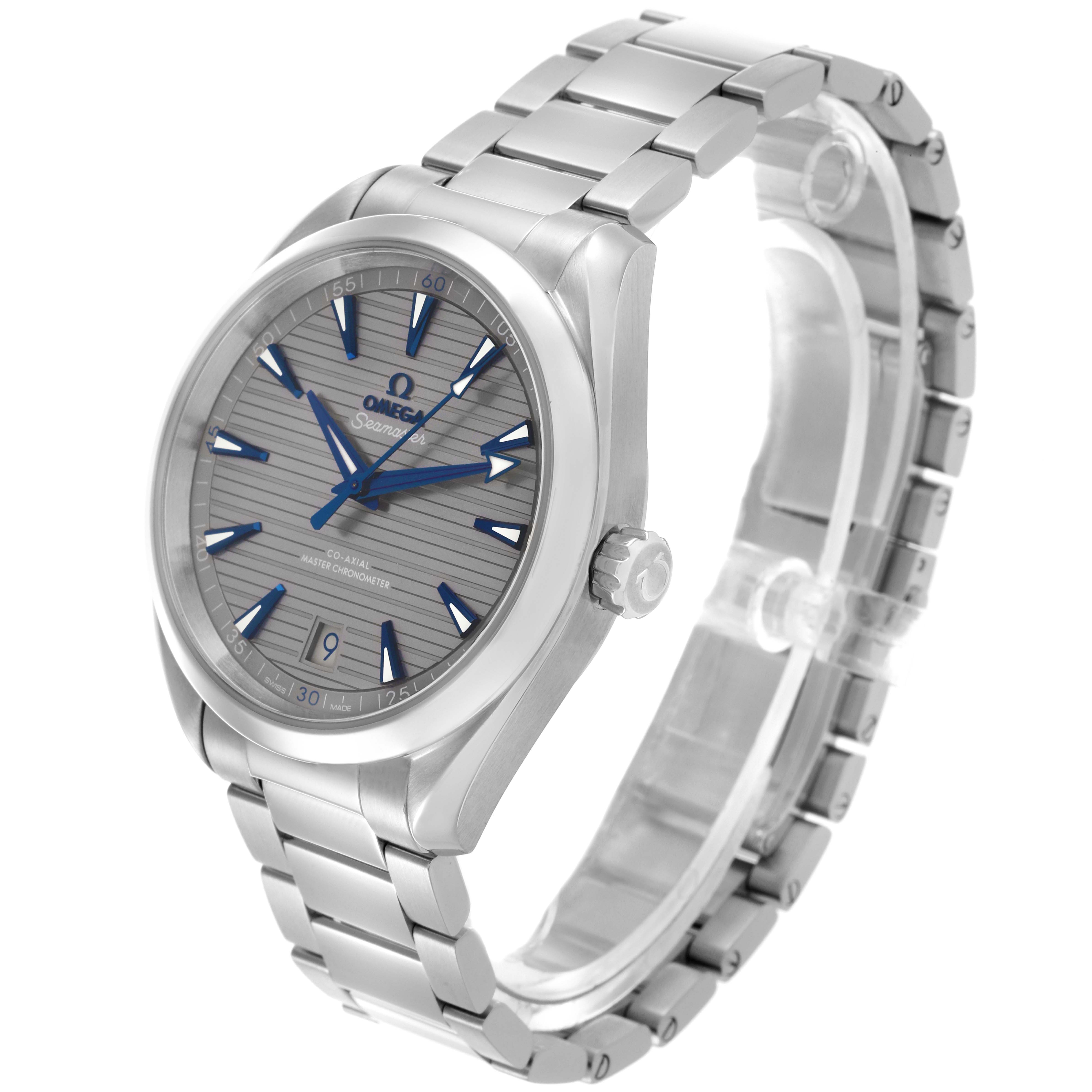 The Omega Aqua Terra 220.10.41.21.06.001 Men's Stainless Steel Grey Dial 220.10.41.21.06.001 Men's Stainless Steel Grey Dial watch is shown at a three-quarter angle, highlighting the face, bezel, crown, and bracelet.