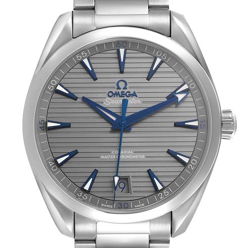 The Omega Aqua Terra watch is shown from the front, displaying its face, hands, and bracelet.