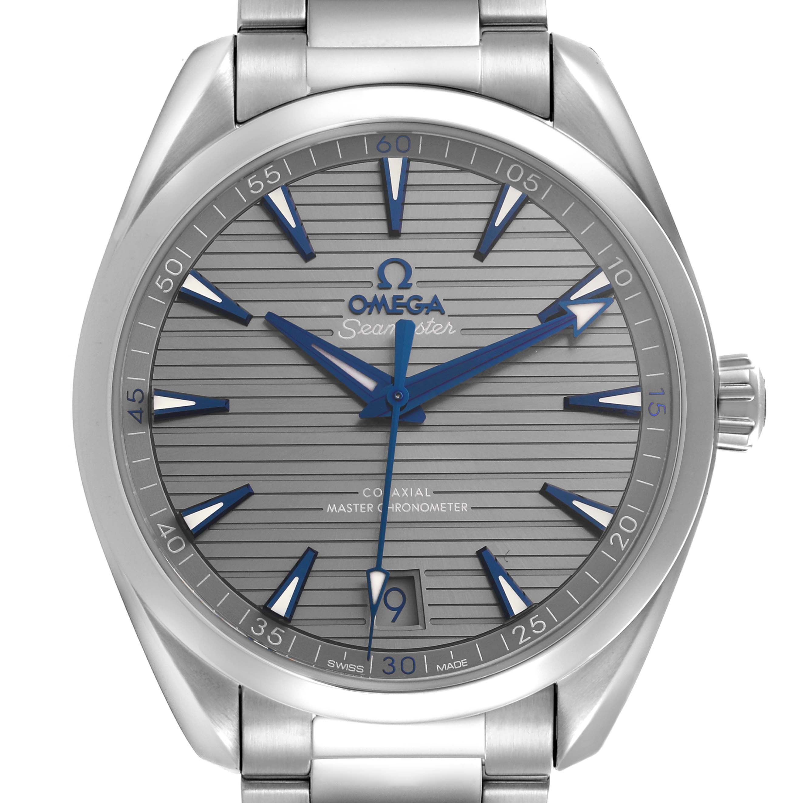 The image shows a front view of the Omega Aqua Terra 220.10.41.21.06.001 Men's Stainless Steel Grey Dial 220.10.41.21.06.001 Men's Stainless Steel Grey Dial watch, highlighting the dial, hands, markers, and part of the bracelet.