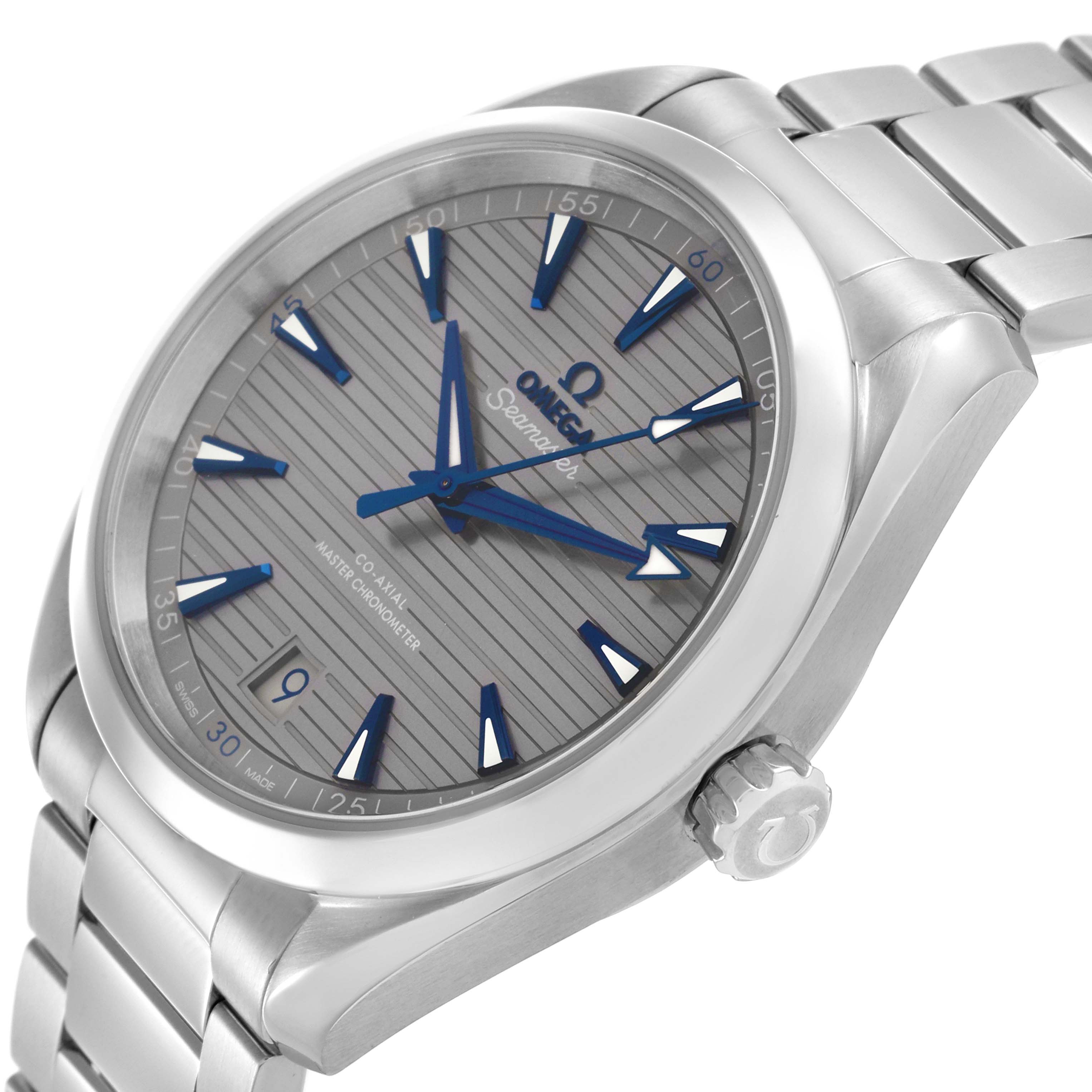 The Omega Aqua Terra 220.10.41.21.06.001 Men's Stainless Steel Grey Dial 220.10.41.21.06.001 Men's Stainless Steel Grey Dial watch is shown at a three-quarter angle, highlighting the face, crown, and part of the bracelet.