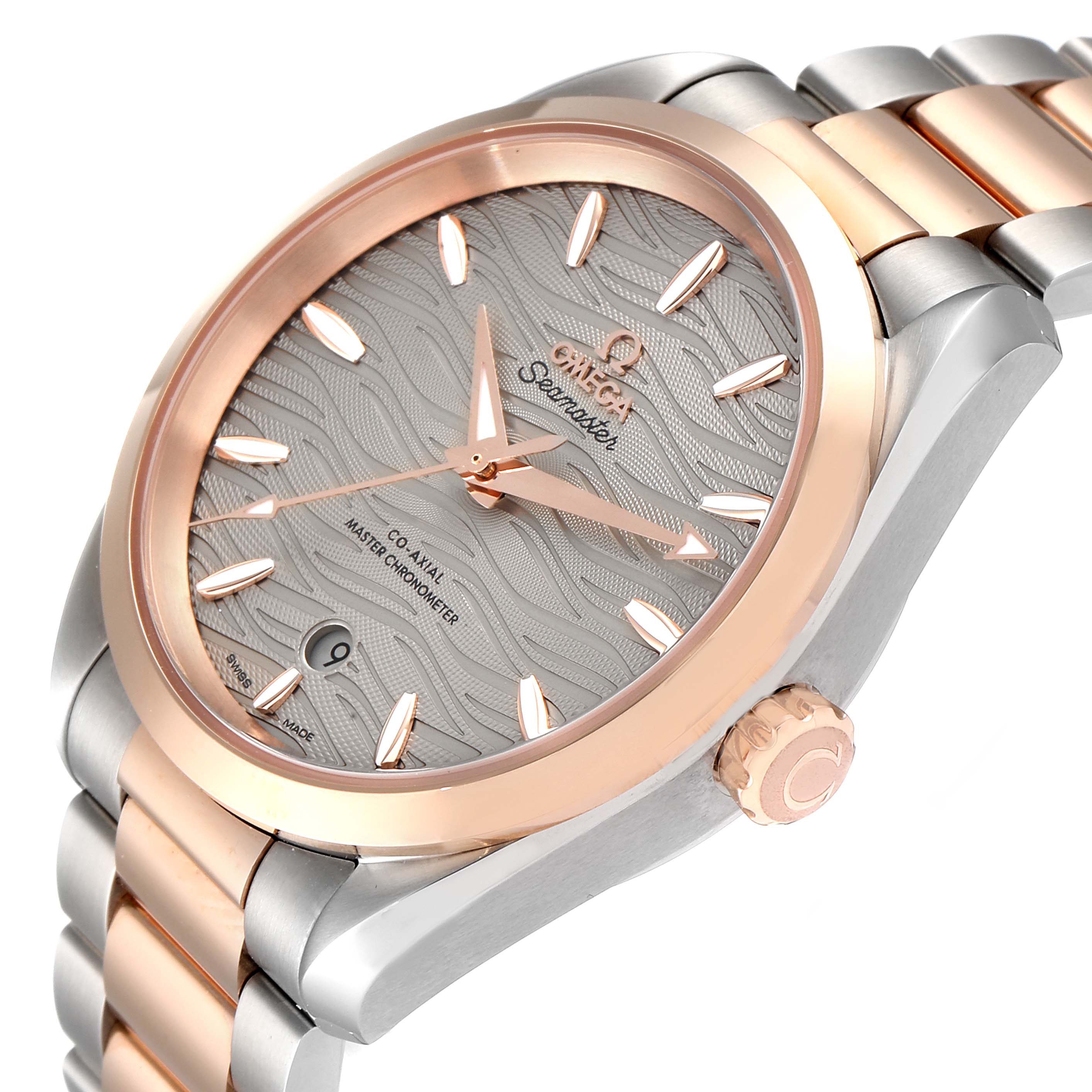 The image shows a close-up angle of the Omega 220.20.38.20.06.001 Women
s Steel and Gold (two tone) Grey Dial 220.20.38.20.06.001 Women
s Steel and Gold (two tone) Grey Dial Seamaster Aqua Terra Steel Rose Gold Watch 220.20.38.20.06.001, highlighting the case, crown, and dial.
