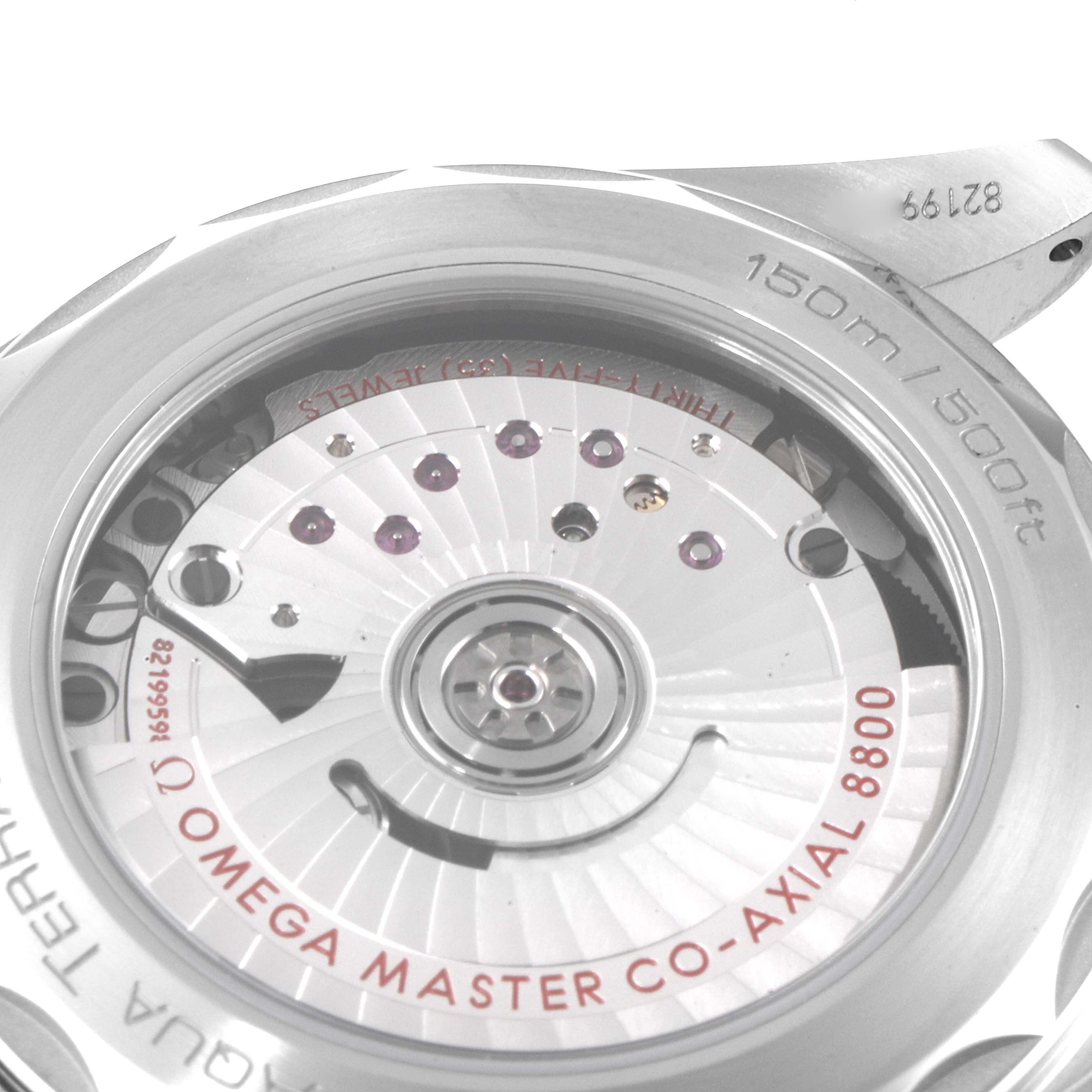 The image shows a close-up of the movement and case back of the Omega 220.20.38.20.06.001 Women
s Steel and Gold (two tone) Grey Dial 220.20.38.20.06.001 Women
s Steel and Gold (two tone) Grey Dial Seamaster Aqua Terra Steel Rose Gold Watch 220.20.38.20.06.001.