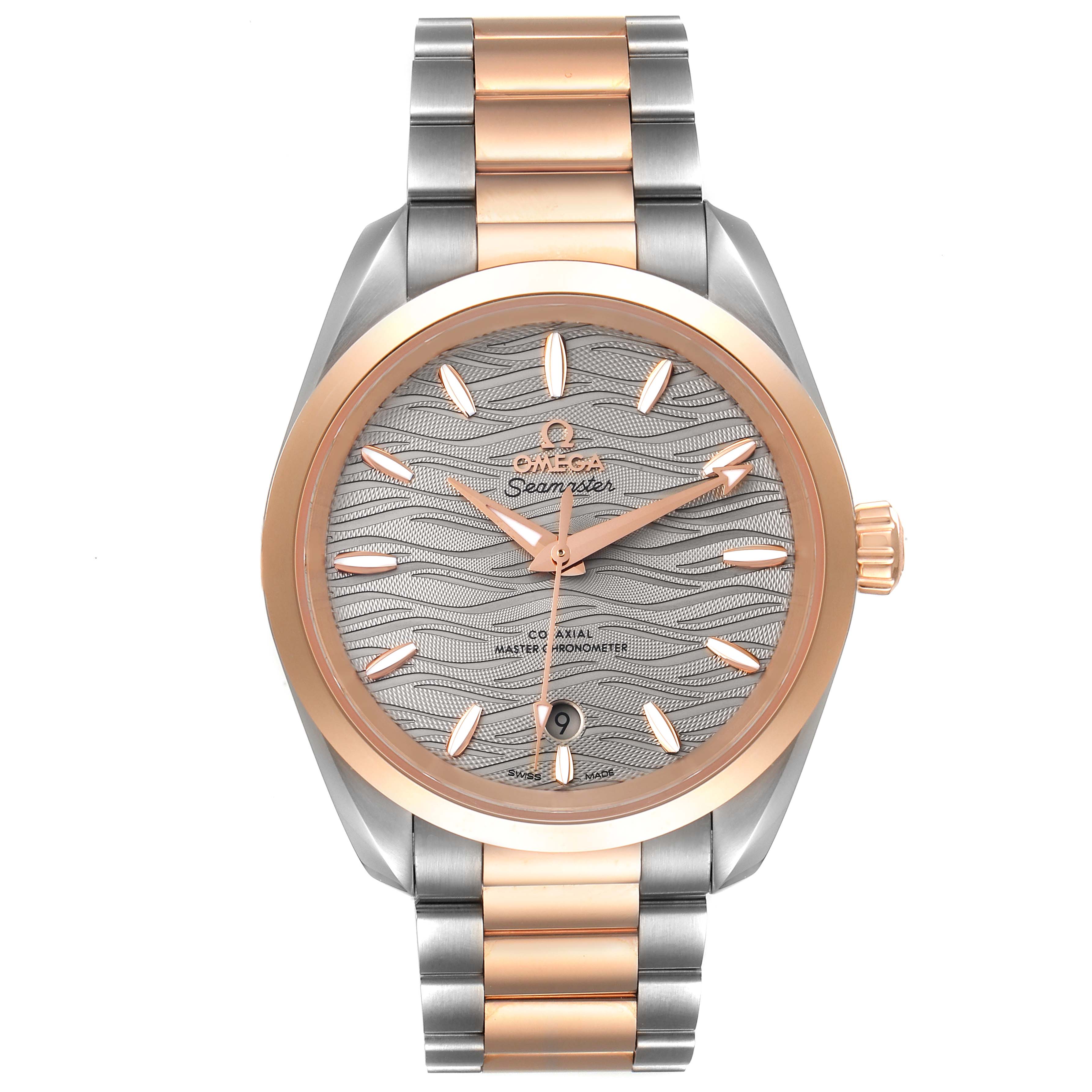 This image shows a front view of the Seamaster Aqua Terra Steel Rose Gold Watch 220.20.38.20.06.001 by Omega 220.20.38.20.06.001 Women
s Steel and Gold (two tone) Grey Dial 220.20.38.20.06.001 Women
s Steel and Gold (two tone) Grey Dial.