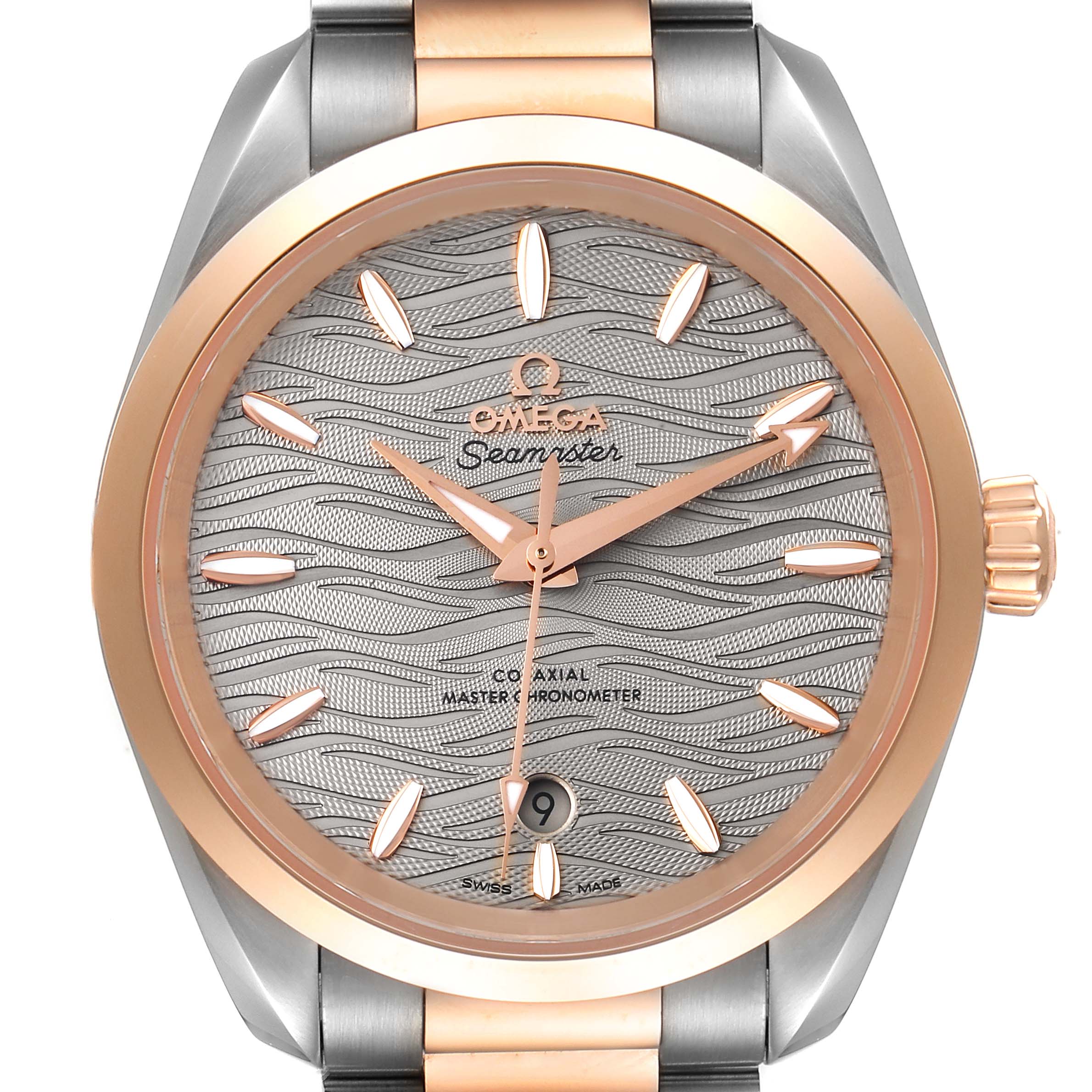 The Omega 220.20.38.20.06.001 Women
s Steel and Gold (two tone) Grey Dial 220.20.38.20.06.001 Women
s Steel and Gold (two tone) Grey Dial Seamaster Aqua Terra Steel Rose Gold Watch 220.20.38.20.06.001 is shown from a front angle, highlighting its face and bracelet.