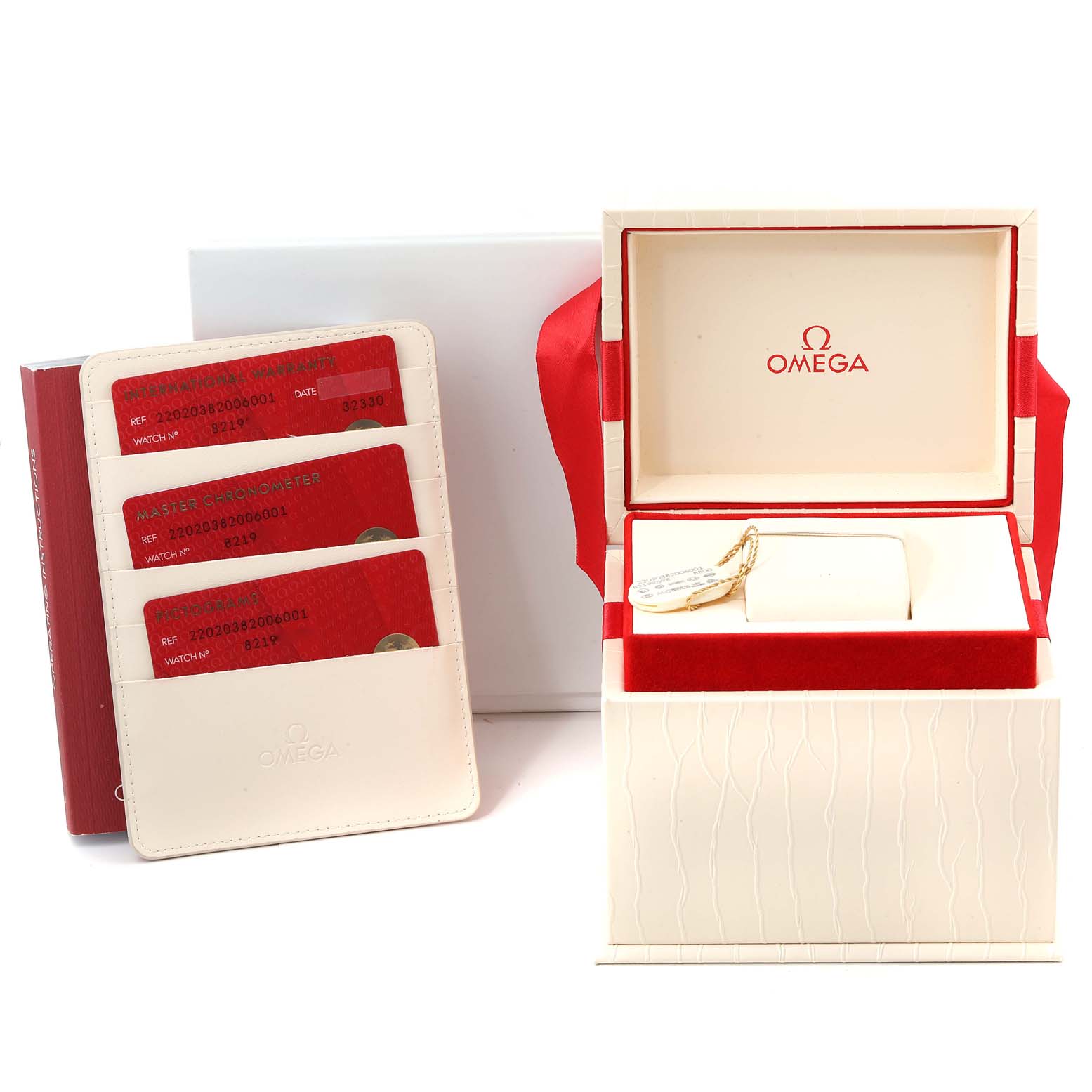 The image shows the box, cards, and cardholder for the Omega 220.20.38.20.06.001 Women
s Steel and Gold (two tone) Grey Dial 220.20.38.20.06.001 Women
s Steel and Gold (two tone) Grey Dial Seamaster Aqua Terra Steel Rose Gold Watch 220.20.38.20.06.001.