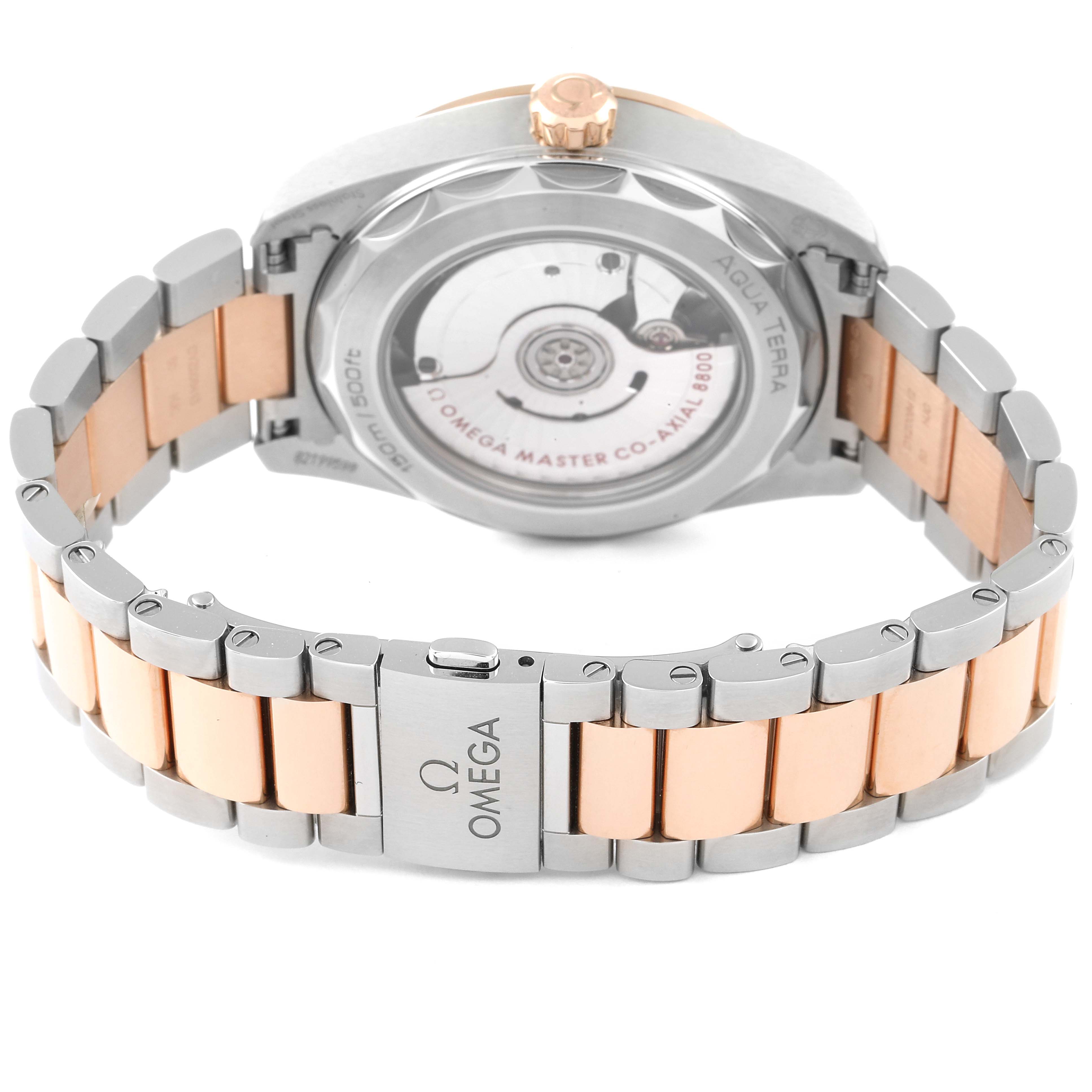 The image shows the back view of the Omega 220.20.38.20.06.001 Women
s Steel and Gold (two tone) Grey Dial 220.20.38.20.06.001 Women
s Steel and Gold (two tone) Grey Dial Seamaster Aqua Terra Steel Rose Gold Watch 220.20.38.20.06.001, highlighting the bracelet and clasp.