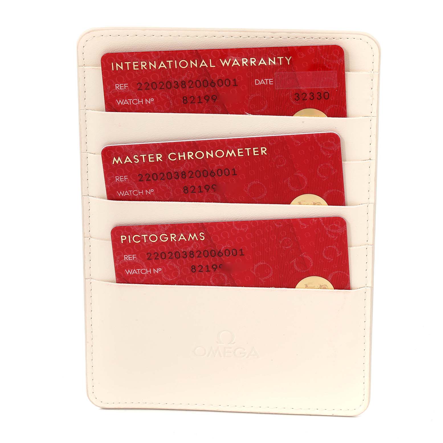 This image shows the warranty cards for an Omega 220.20.38.20.06.001 Women
s Steel and Gold (two tone) Grey Dial 220.20.38.20.06.001 Women
s Steel and Gold (two tone) Grey Dial Seamaster Aqua Terra Steel Rose Gold Watch 220.20.38.20.06.001 in a cardholder.