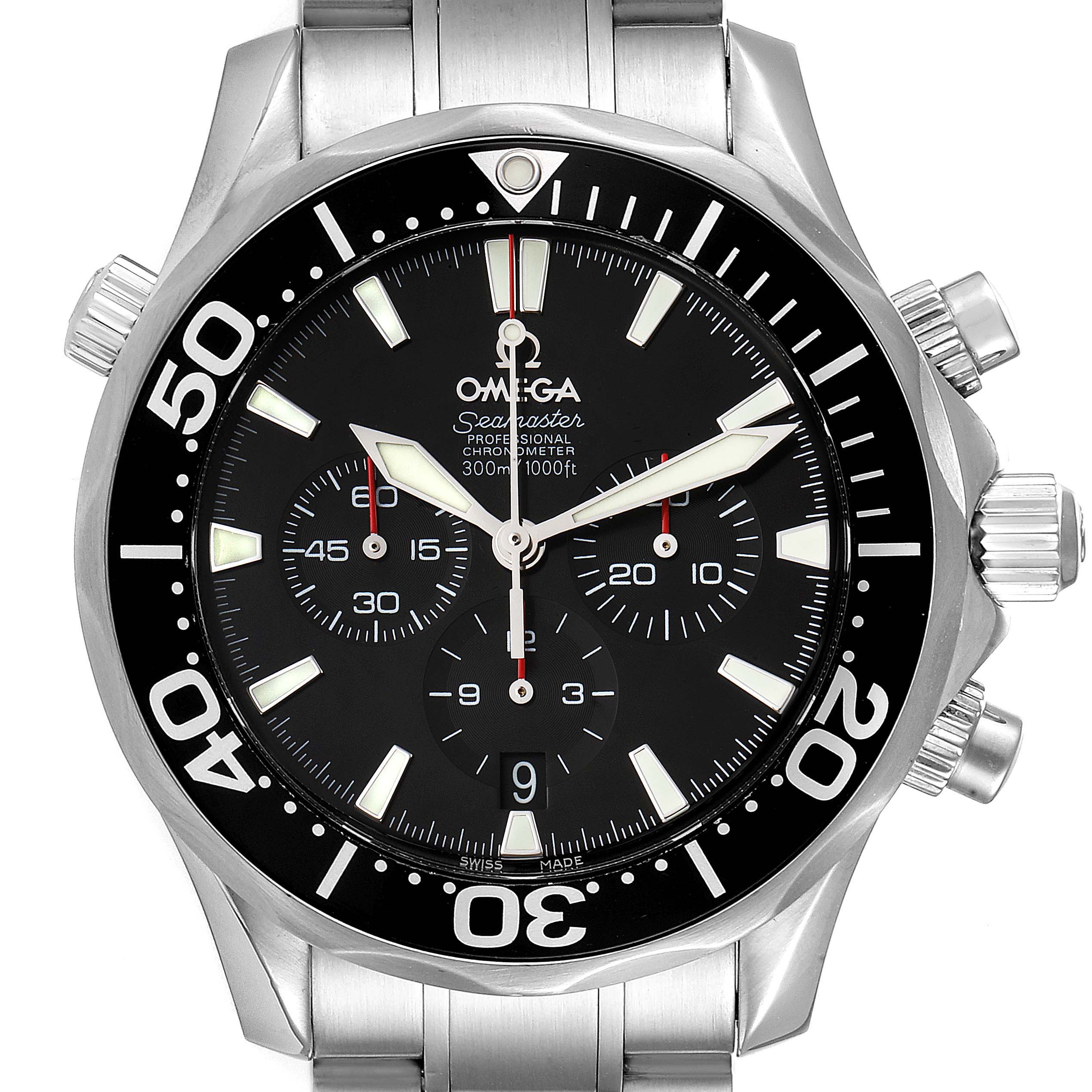 The image shows a front view of the Omega Seamaster 2594.52.00 Men's Stainless Steel Black Dial 2594.52.00 Men's Stainless Steel Black Dial watch, highlighting the dial, bezel, pushers, and crown.