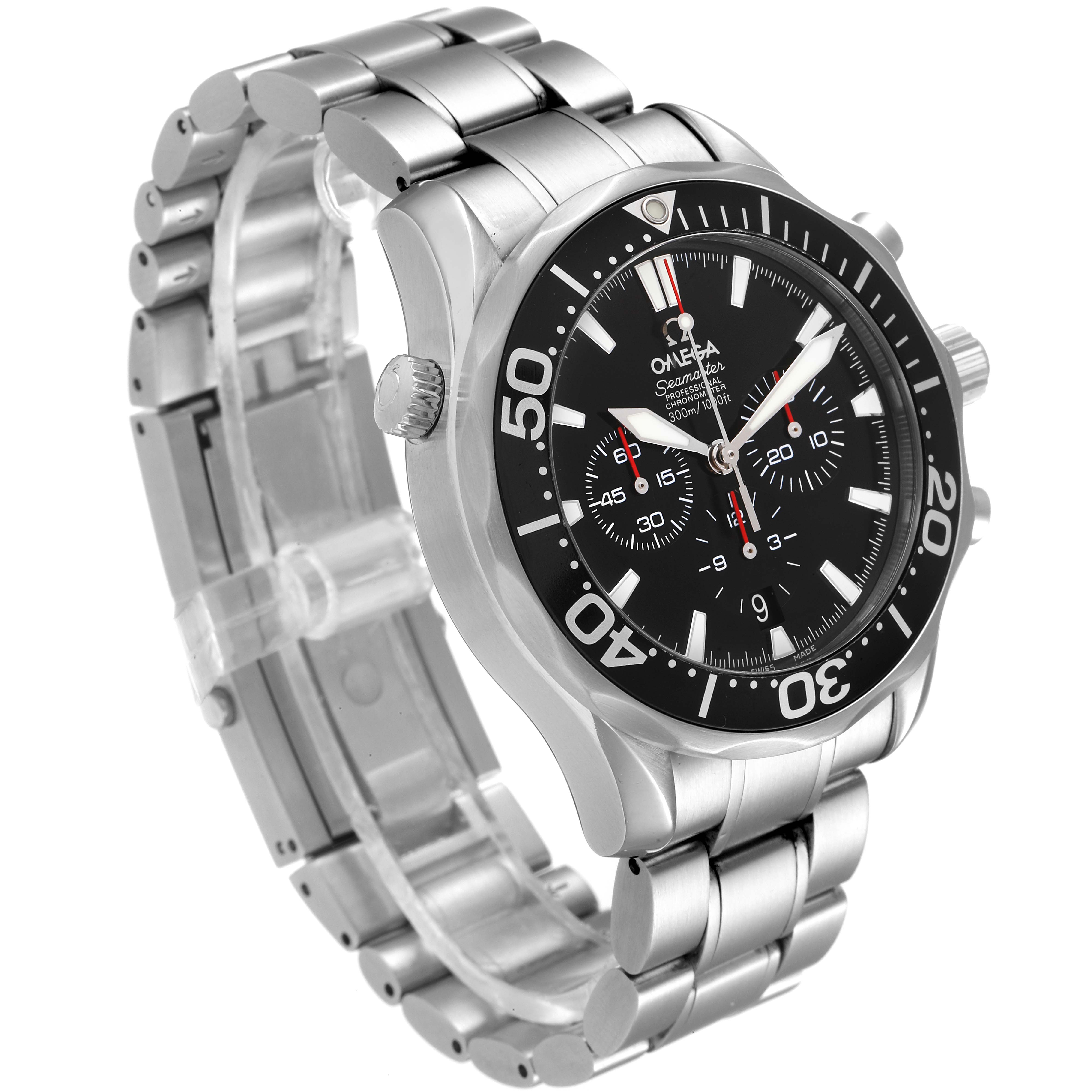 The Omega Seamaster 2594.52.00 Men's Stainless Steel Black Dial 2594.52.00 Men's Stainless Steel Black Dial watch is shown at an angle highlighting the watch face, bezel, crown, pushers, and metal bracelet.