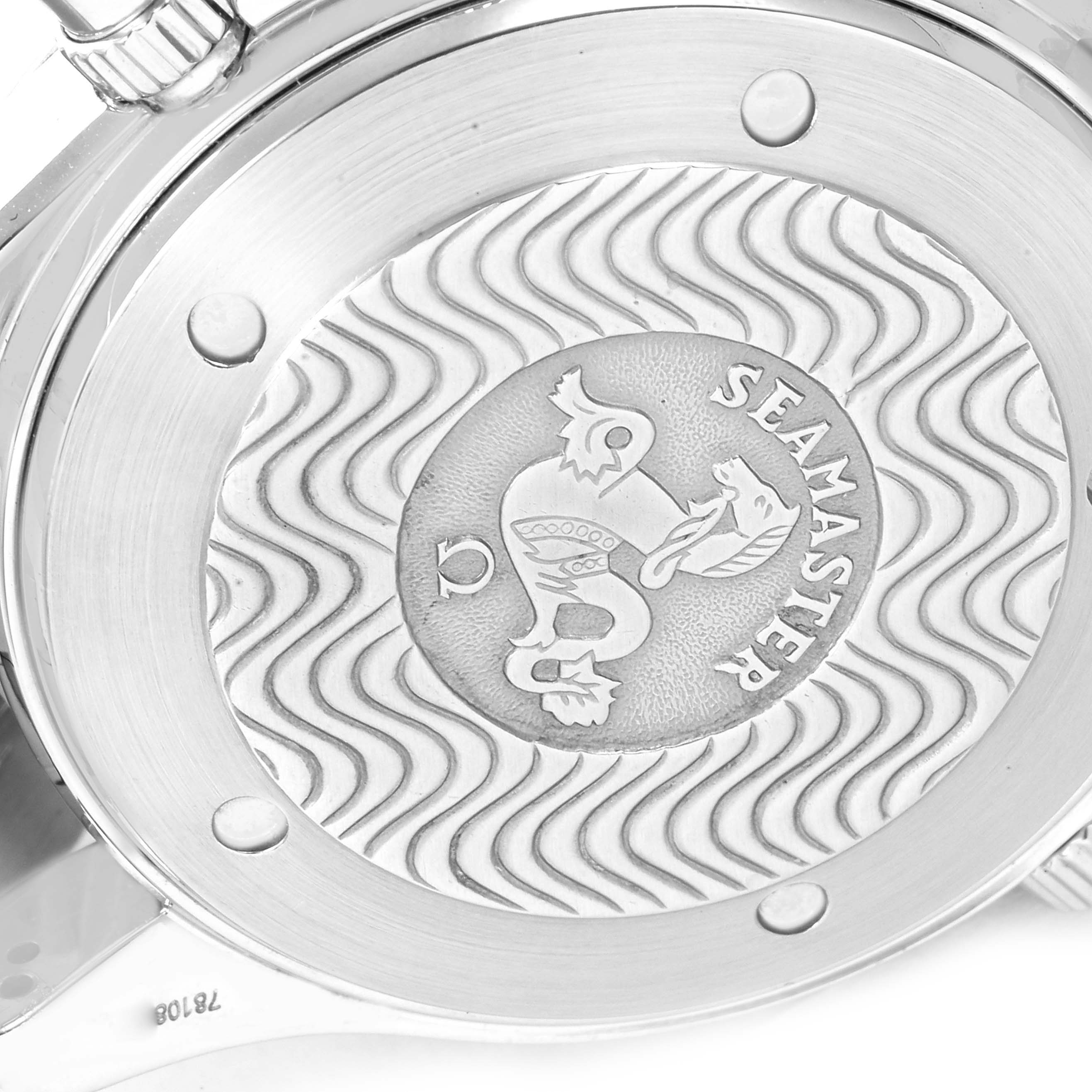 The image shows the case back of an Omega Seamaster 2594.52.00 Men's Stainless Steel Black Dial 2594.52.00 Men's Stainless Steel Black Dial watch, featuring the engraved Seamaster logo and wave pattern.
