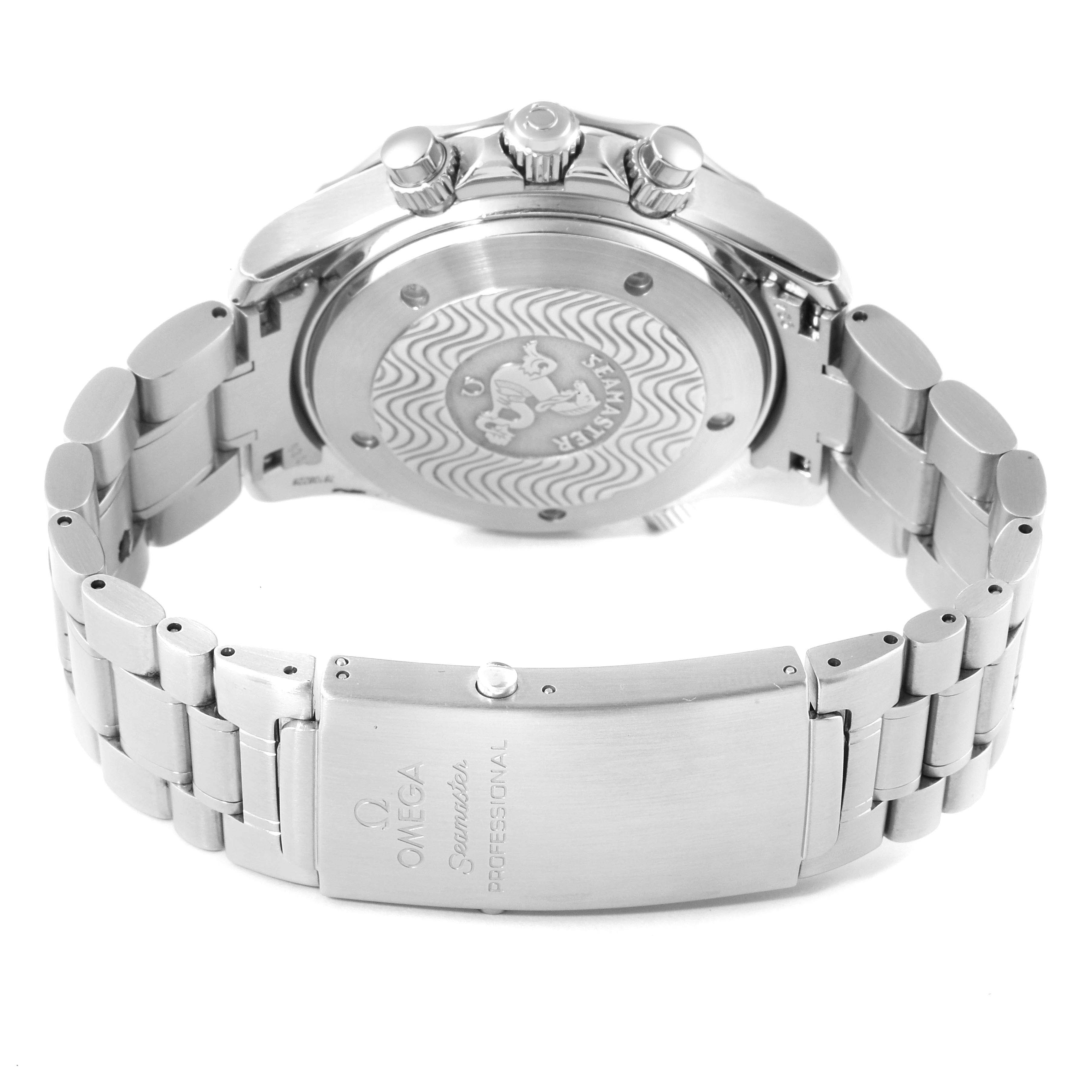 The image shows the back side and clasp of the Omega Seamaster 2594.52.00 Men's Stainless Steel Black Dial 2594.52.00 Men's Stainless Steel Black Dial watch, highlighting its stainless steel bracelet and case back design.