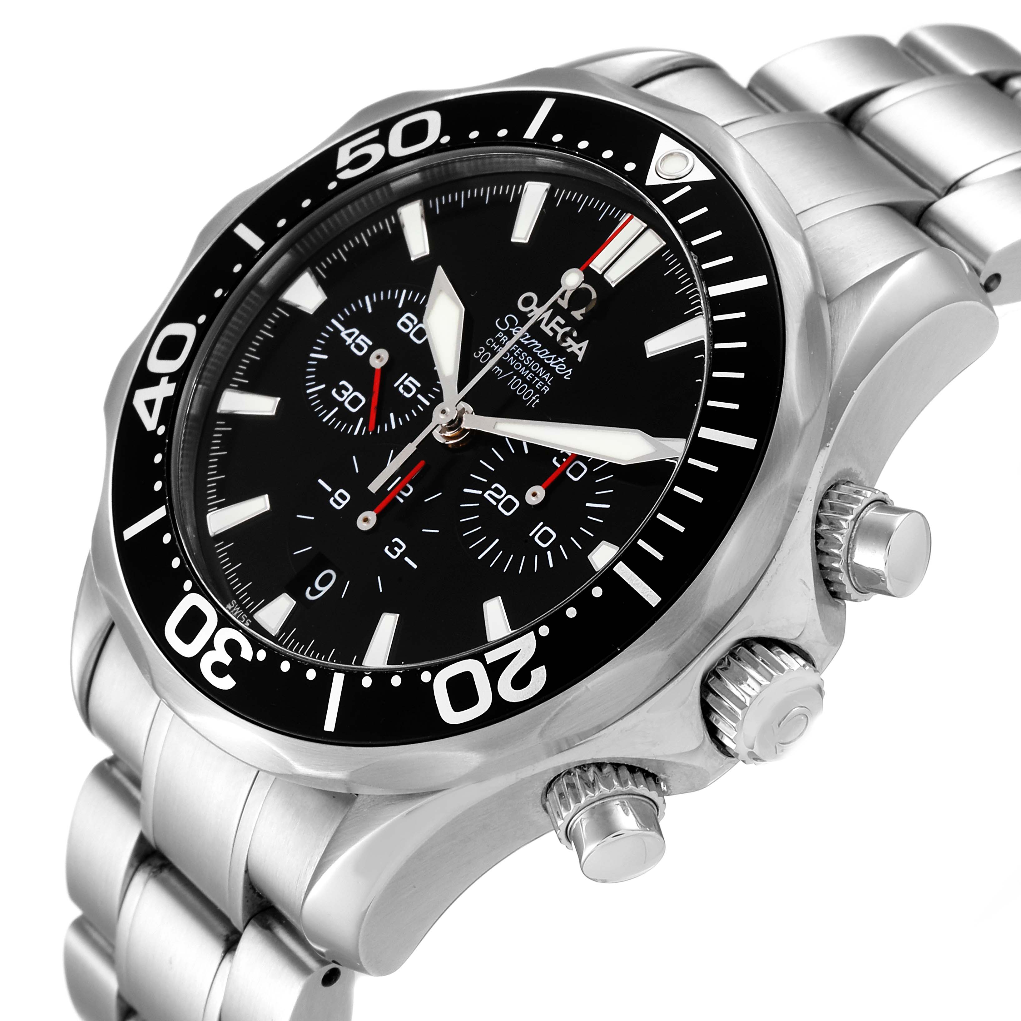 The Omega Seamaster 2594.52.00 Men's Stainless Steel Black Dial 2594.52.00 Men's Stainless Steel Black Dial watch is shown from a three-quarter angle, displaying its dial, bezel, bracelet, and crown.