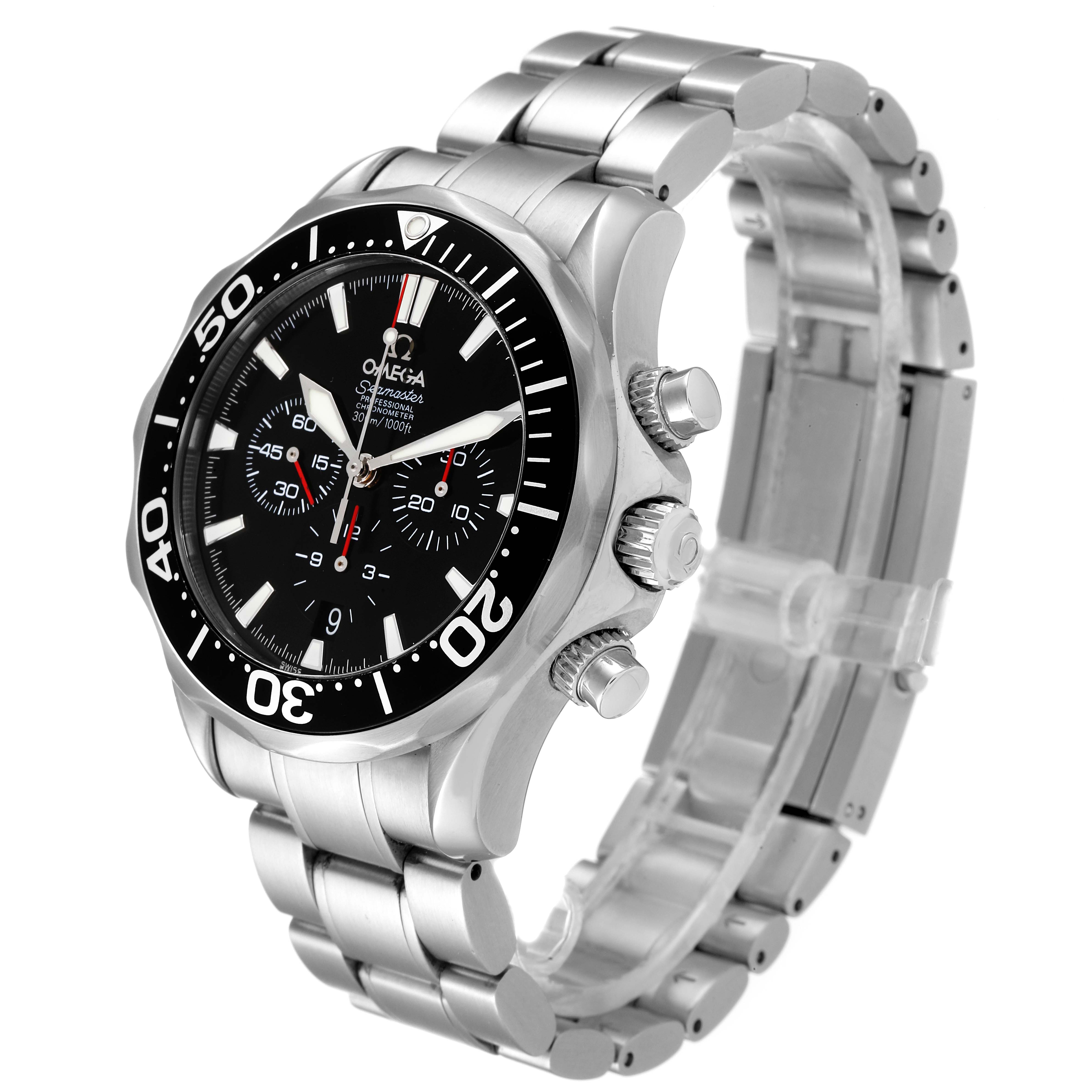 The Omega Seamaster 2594.52.00 Men's Stainless Steel Black Dial 2594.52.00 Men's Stainless Steel Black Dial watch is shown from a three-quarter angle, displaying the face, bezel, crown, pushers, and bracelet.