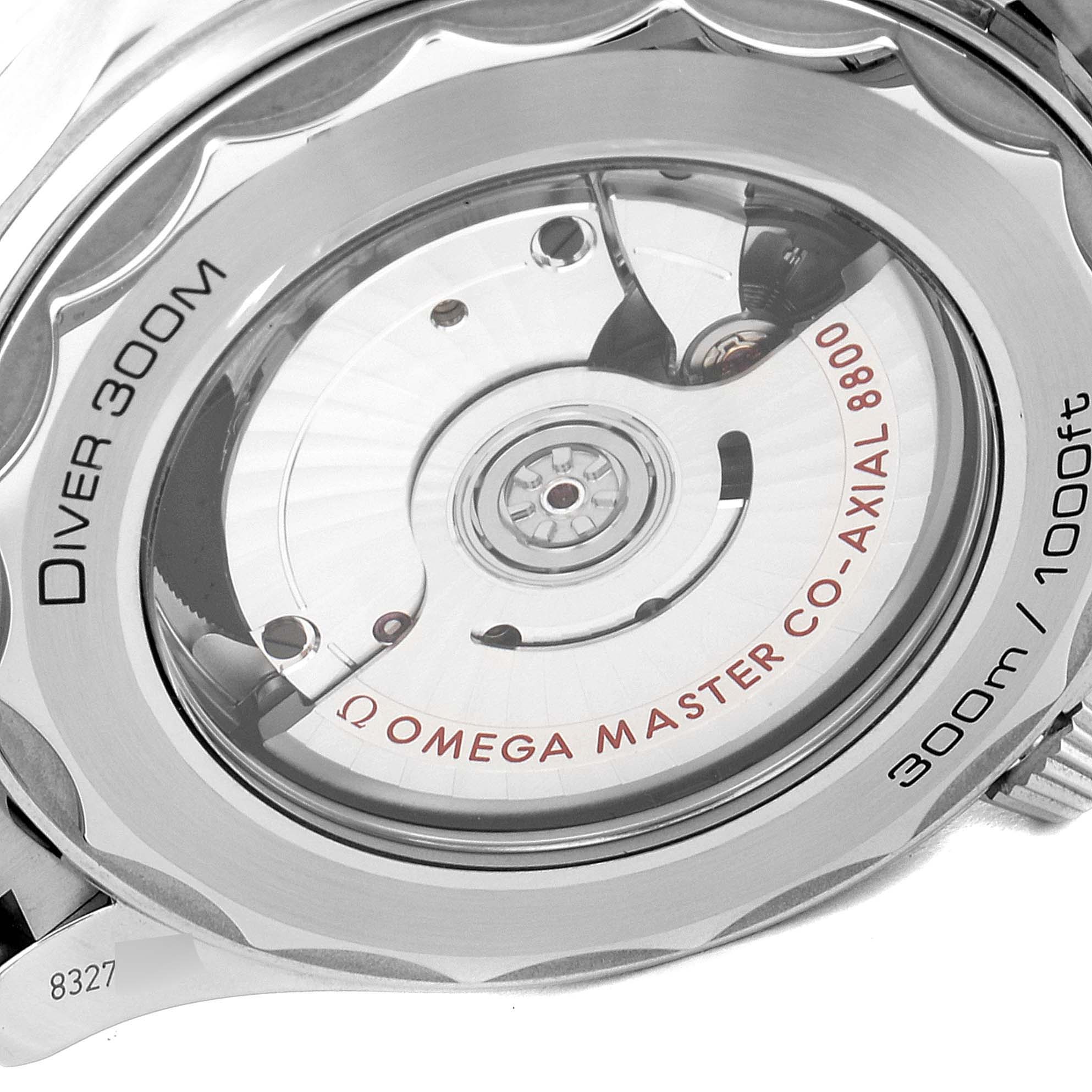 The image shows the case back of an Omega Seamaster 210.30.42.20.03.001 Men's Stainless Steel Blue Dial 210.30.42.20.03.001 Men's Stainless Steel Blue Dial Diver 300M, highlighting the movement mechanism.